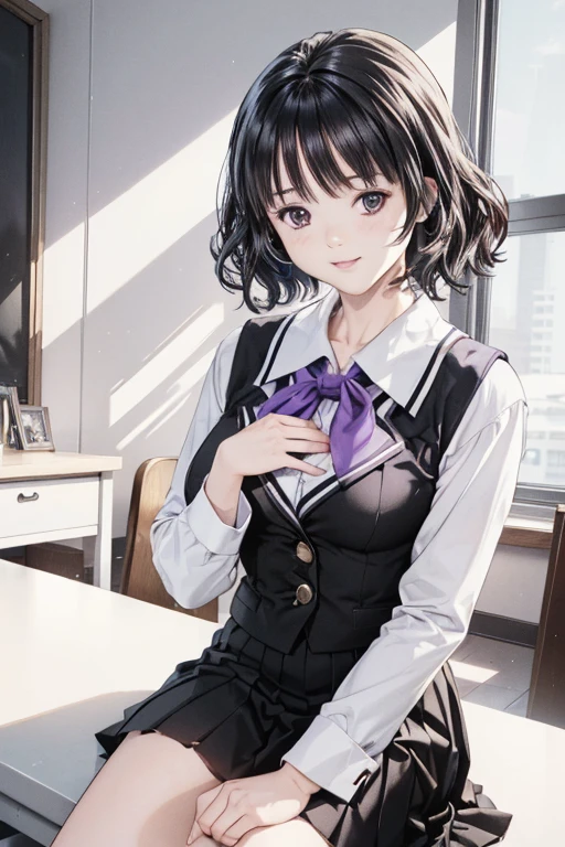 (8k、Photorealistic、Raw photo、highest quality: 1.3)、(real skin),Beautiful expression、High Detail、超A high resolution、(1lady very short perm hair:1.5,black hair,make up:1.2)、Super Beauty、(True Face)、Captivate your audience、Beautiful breasts、Lover's point of view、Beautiful smile、attractiveSurreal、hanikami,(school uniform,salor suits,purple,pleats skirt,white tie,in I's style),in classroom