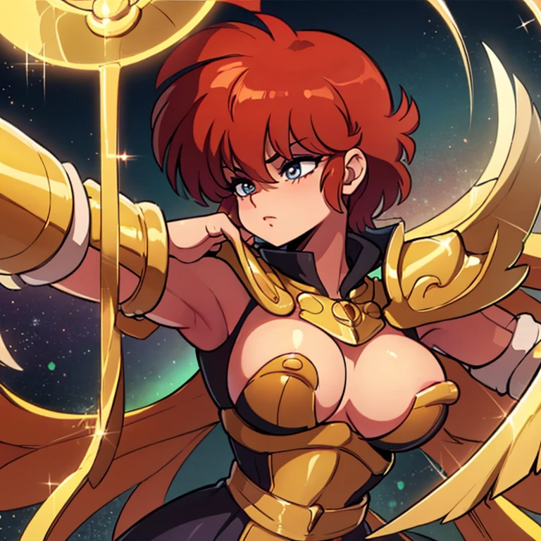 Ranmachan, cabello rojo, Cabello corto, ojos azules, ojos detallados, cara de placer, muslos, pechos grandes, cuerpo completo, pose vulgar, vulgar, pechos vulgares, escote muy grande, senos grandes, armadura dorada, Saint Seiya Zodiac, Zodiac Sagittarius gold Armor, armadura brillante, sexy armor
