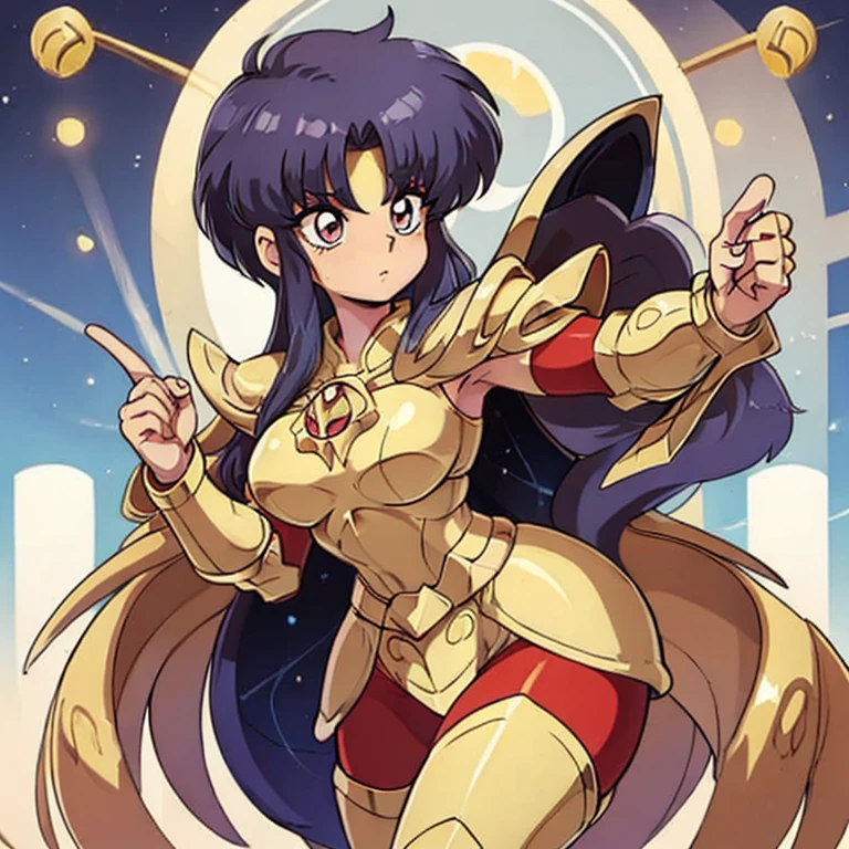 Akane tendo, cabello azul, Cabello corto, ojos azules, ojos detallados, cara de placer, muslos, pechos grandes, cuerpo completo, pose vulgar, vulgar, pechos vulgares, escote muy grande, senos grandes, armadura dorada, Saint Seiya Zodiac, Zodiac Sagittarius gold Armor, armadura brillante, sexy Armor, pose sexy 