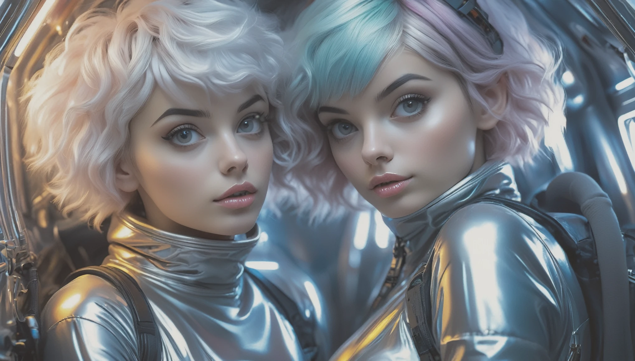 Masterpiece, Best Quality, ((2 cute girls teasing in open shiny puffer, no makeup, small perky breasts, extremely detailed face, beautiful detailed eyes, beautiful detailed lips, short colored pixie hair, small hips, unsecure expression, enticing, in a spaceship))