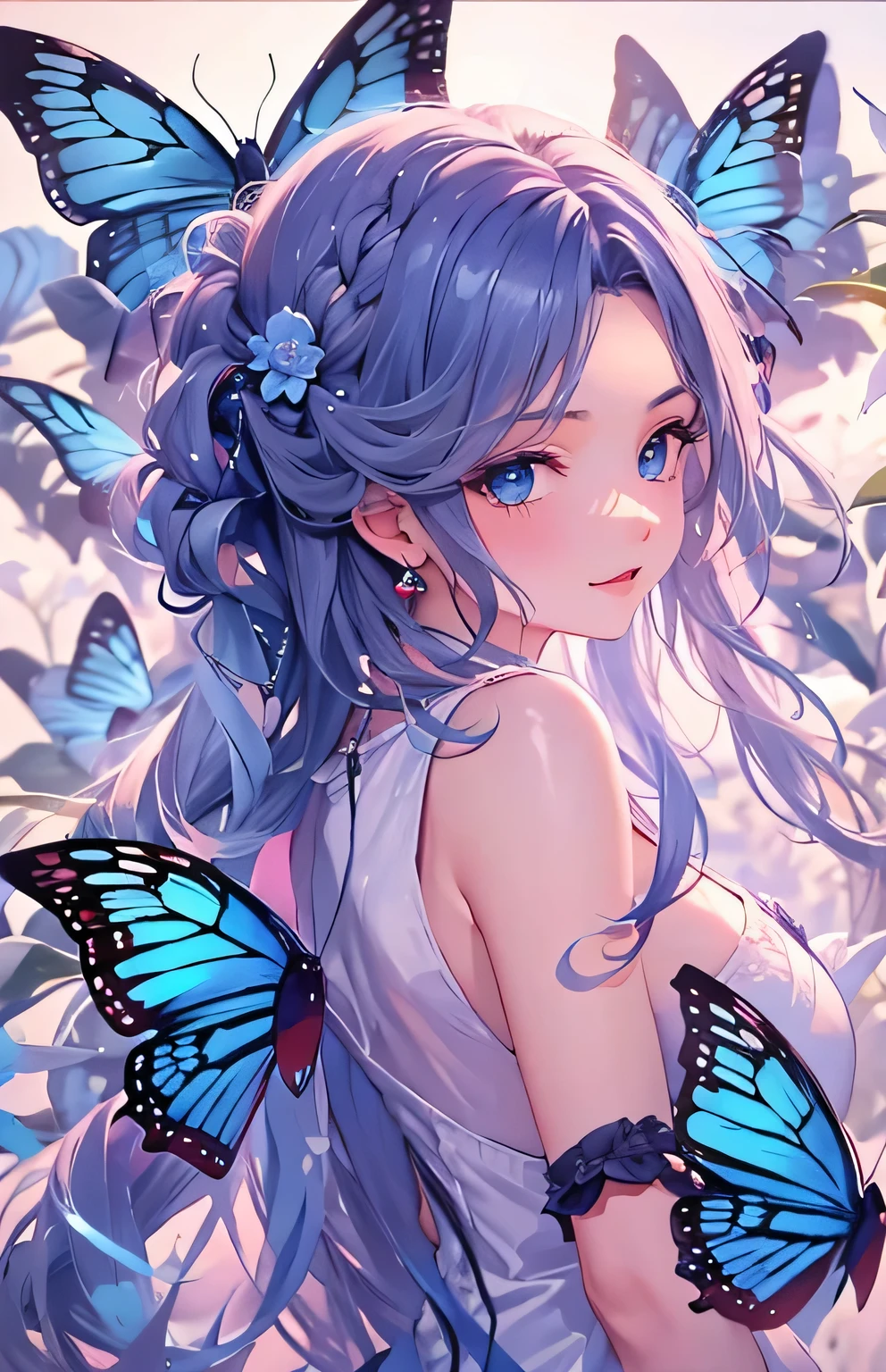 ((highest quality)), ((masterpiece)), (Get used to it), Perfect Face , beautiful girl , Big Breasts , Long and beautiful hair , Braided hair , Blue Butterfly々 ,