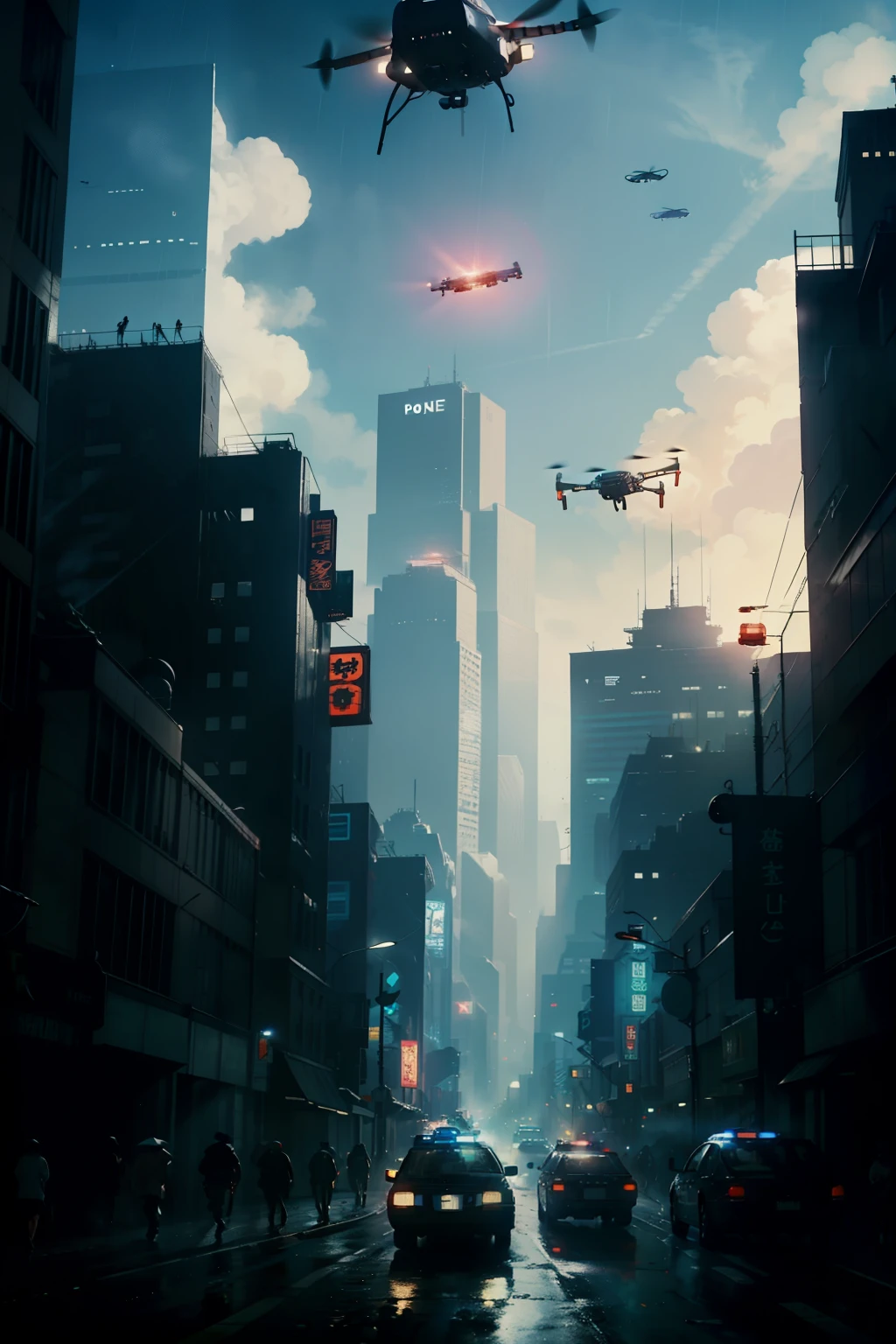 ((highest quality)), ((masterpiece)), (be familiar with), (High definition), (Accurate), (Realistic), (Cinematic), (Best Shadow), (Low contrast), (8K), Perfect Face, ((SYD MEAD style)), manga、mangaデザイン、Storyboard、Frame division、(A large advertising drone flying in the sky:1.2)、((The police are questioning:1.2))、(Scramble crossing), Police Vehicles、(2Drone is flying)、The car is jammed、congestion, congestion, Decadent Future City, NEO TOKYO, A.D.2051, (steam:1.2), It's raining white, evening, 