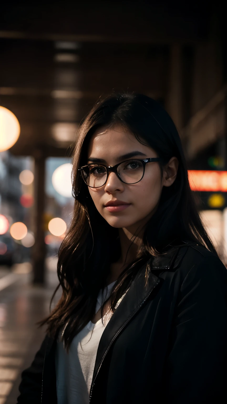 Adriana Morales wartet auf ihren Zug, umgeben von Menschen in Eile. Ein Fremder steht neben ihr, und ihre Blicke treffen sich kurz, bevor er seinen Blick abwendet. Sie fragt sich, what is going on in his head and whether he feels the same as she does, she wears glasses, analog style, Adriana Morales is a beautiful young spanish girl, indoor, (wide shot), professional photograph, full body photo, beautiful rectangular face, cute natural makeup, ultra realistic, elegant, highly detailed, sharp focus, studio lights, soft skin, beautiful eyes, minimal makeup, straight hair, cutting-edge photo professionally enhance the colors and details of photo, flawless and high-quality retouch, skin texture in focus, sharp focus, bokeh on background, abstract background, abstract lights, light sources from sides, backlight, counter light, vibrant colors, dual color lights, black and white still, digital Art, perfect composition, beautiful detailed intricate insanely detailed octane render trending on artstation, 8 k artistic photography, photorealistic concept art, soft natural volumetric cinematic perfect light,