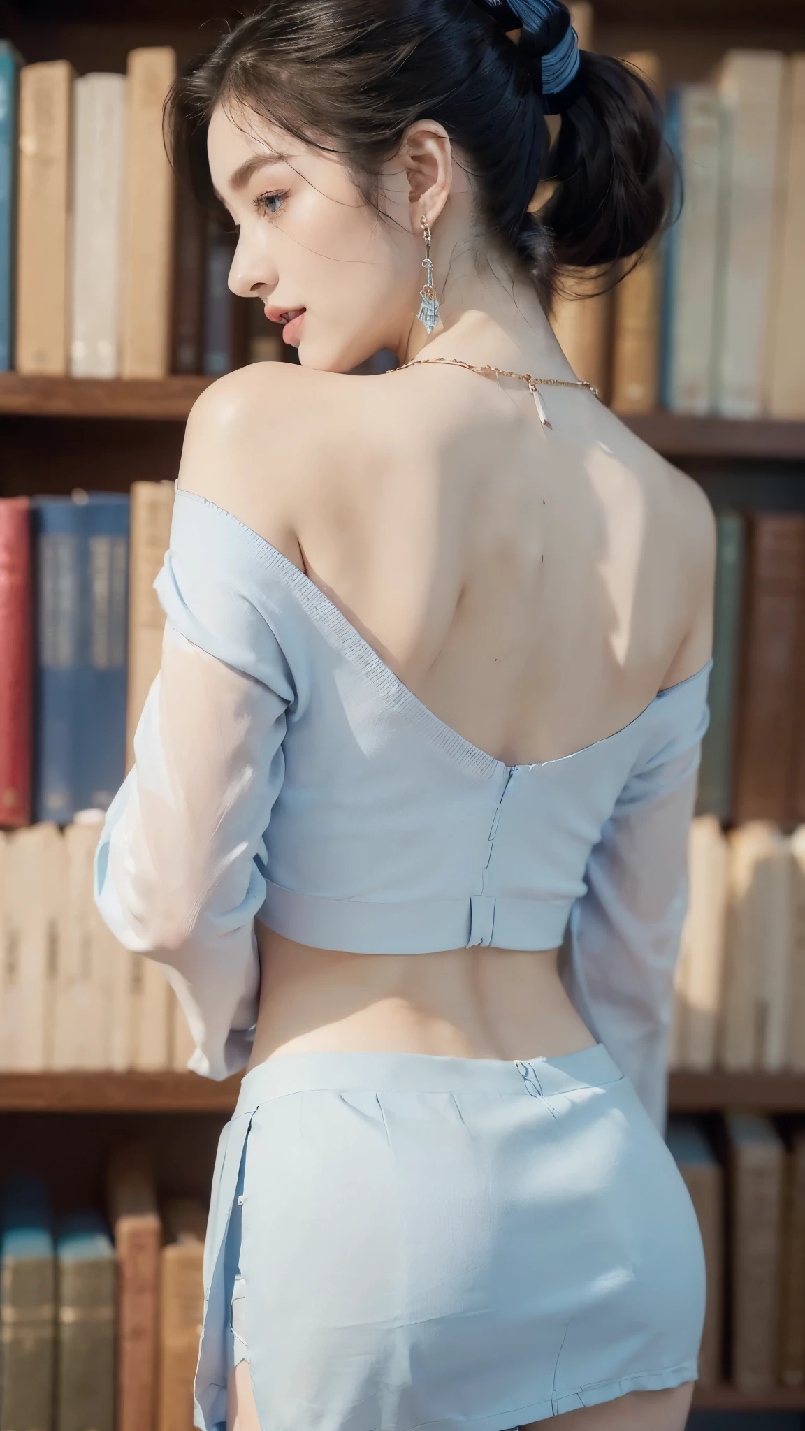 ((((8k))),((Extremely meticulous CG)) ,(wallpaper),16k,((Extremely refined and beautiful)),(((Masterpiece))),(((best qualtiy))),(((Ultra High Resolution))),beautiful light up,realistic shaded,(Smooth and flawless fair skin:1.5),(pale skin:1.3),(Extremely exquisite facial details:1.2),(perfect body:1.1),(ultra-detailed:1.5),((A beautiful girl,solo)),(small head:1.2),(short ponytail:1.3),(slender face:1.3),(Exquisite makeup:1.2),(blush:1.3),(earings:1.2),(necklace:1.2),((slim,thin)),(laughing:1.2),(happy:1.2),(light-blue collared shirt:1.3),(shoulder off:1.3),(bare back:1.3),(sleeves:1.2),(dark-blue mini skirt:1.3),(underwear:1.2),(towering hips:1.5),(butt crack:1.3),(slender legs:1.3),(stockings:1.5),(day scene:1.2),(dim light:1.3),(indoor:1.2),(in the library:1.3),(Beside a bookshelf filled with books:1.2),(detailed background:1.5),(standing:1.3),(hands on stomach:1.3),(close-up of upper body:1.3),(from back:1.3)
