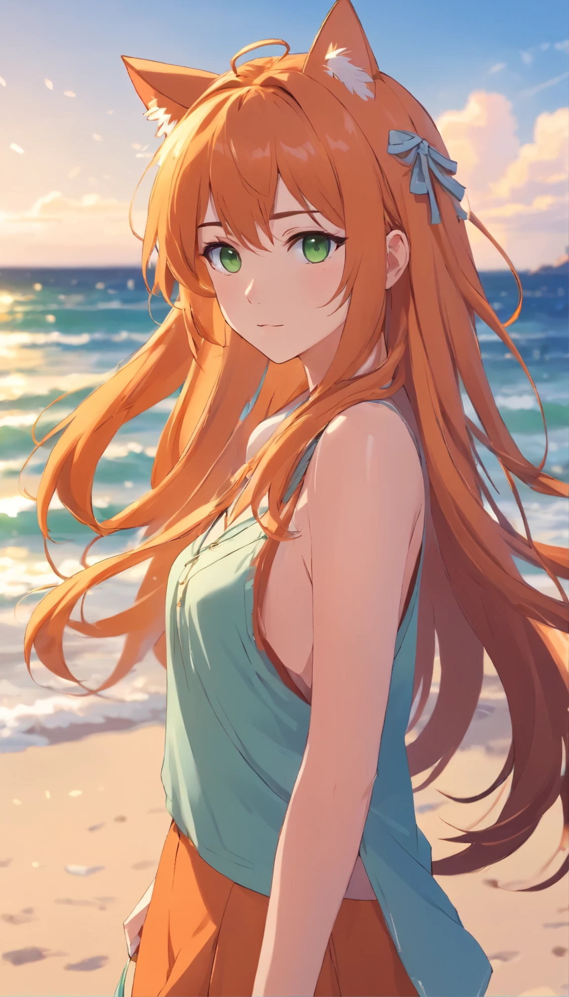 Anime girl with long orange hair, standing on the beach near the ocean, green eyes detailed digital anime art, cat ear, anime girl with long hair, гладкое аниме cg art, anime girl with long hair, digital anime art, work in Guweiz style, Beautiful anime portrait, Photorealistic render of an anime girl, Beautiful anime girl, advanced digital anime art, guweiz на artstation pixiv HD UHD HQ