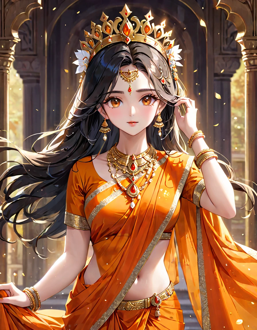 Indian goddess, most cultured, beautiful, orange saree, golden crown, long necklaces, ultra HD, masterpiece, high resolution,