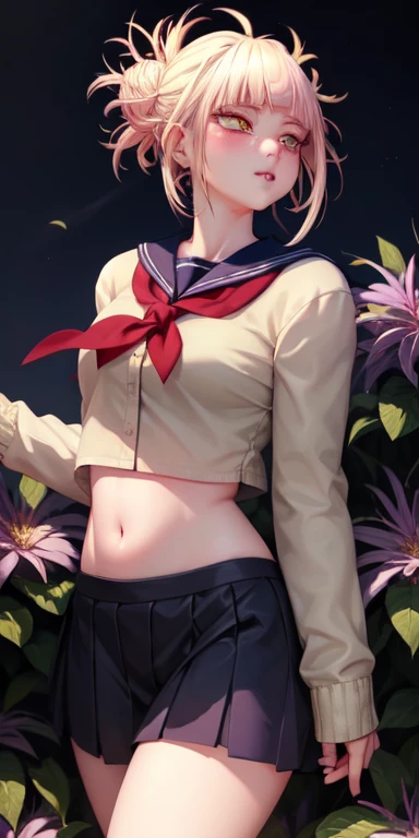 realistic, 1girl, white hair, purple eyes, glowing eyes, crop top, skirt, parted lips, blush, night, flowers, sun, sunlight,