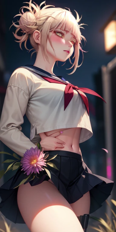 realistic, 1girl, white hair, purple eyes, glowing eyes, crop top, skirt, parted lips, blush, night, flowers, sun, sunlight,