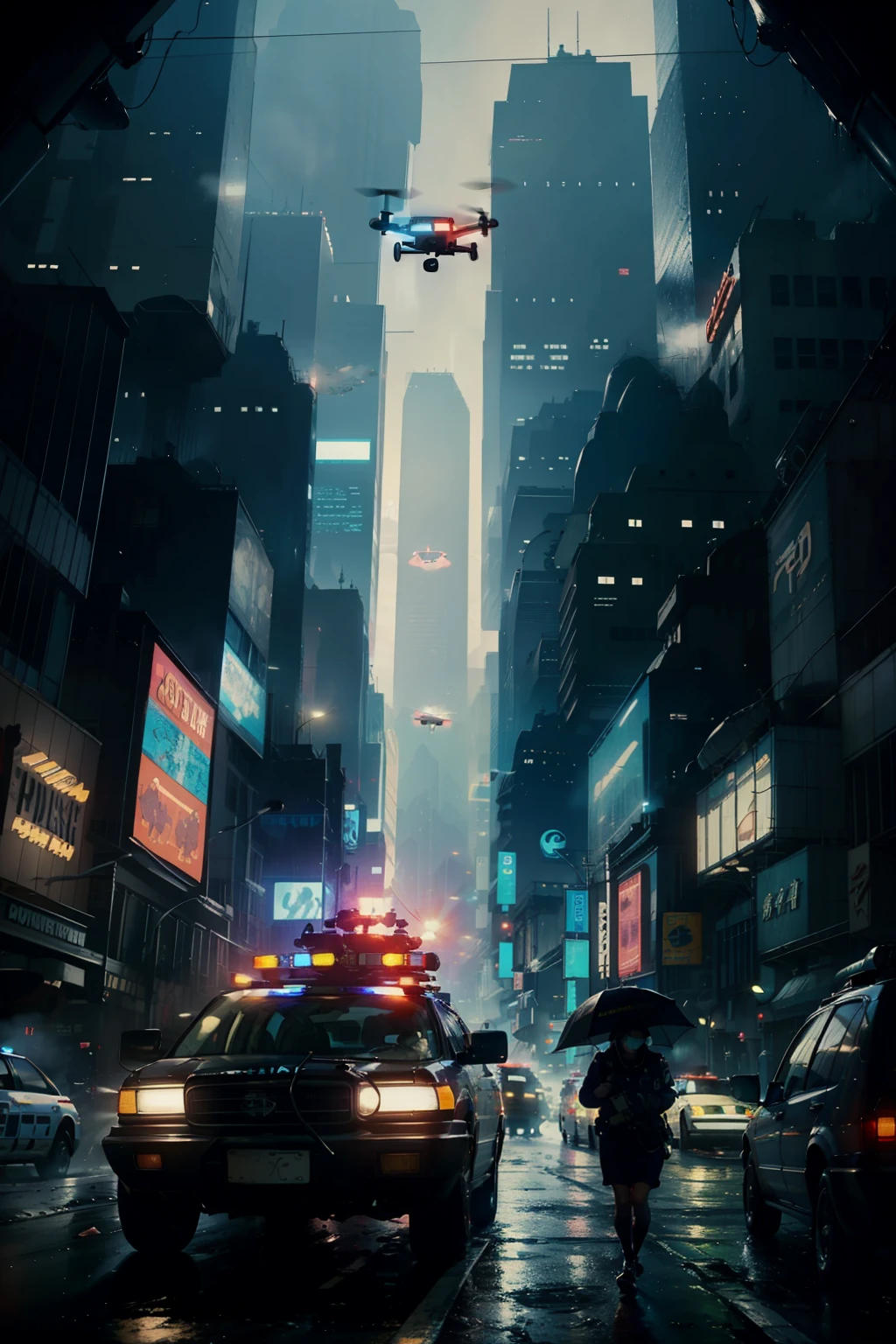 ((highest quality)), ((masterpiece)), (be familiar with), (High definition), (Accurate), (Realistic), (Cinematic), (Best Shadow), (Low contrast), (8K), Perfect Face, ((SYD MEAD style)), manga、mangaデザイン、Storyboard、Frame division、(A large advertising drone flying in the sky:1.2)、((Police are searching for a woman:1.2))、(Scramble crossing), Police Vehicles、(2Drone is flying)、The car is jammed、congestion, congestion, Decadent Future City, NEO TOKYO, A.D.2051, (steam:1.2), It's raining white, evening,