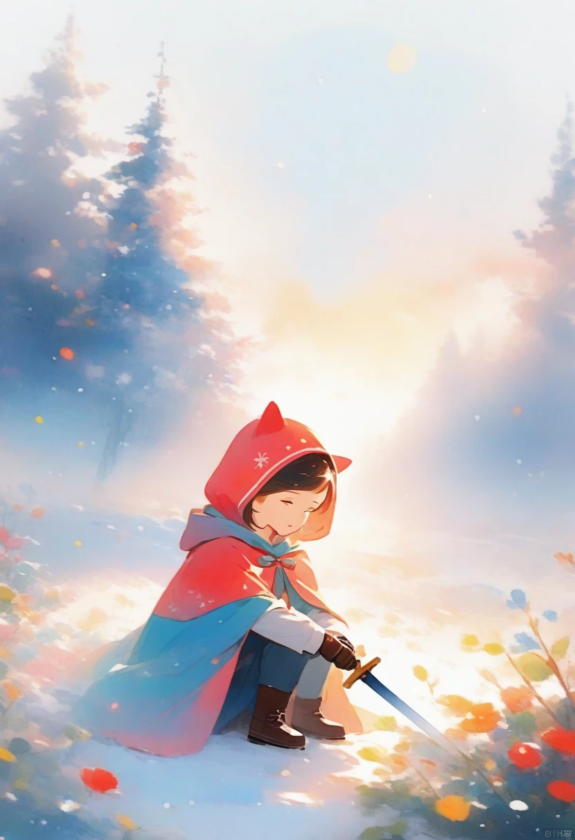 solo, 1boy, holding, sitting, weapon, male focus, sword, hood, cape, holding weapon, armor, glowing, holding sword, gauntlets, cloak, snow, 1other, hood up, snowing, one knee, planted, full armor, planted sword, ambiguous gender