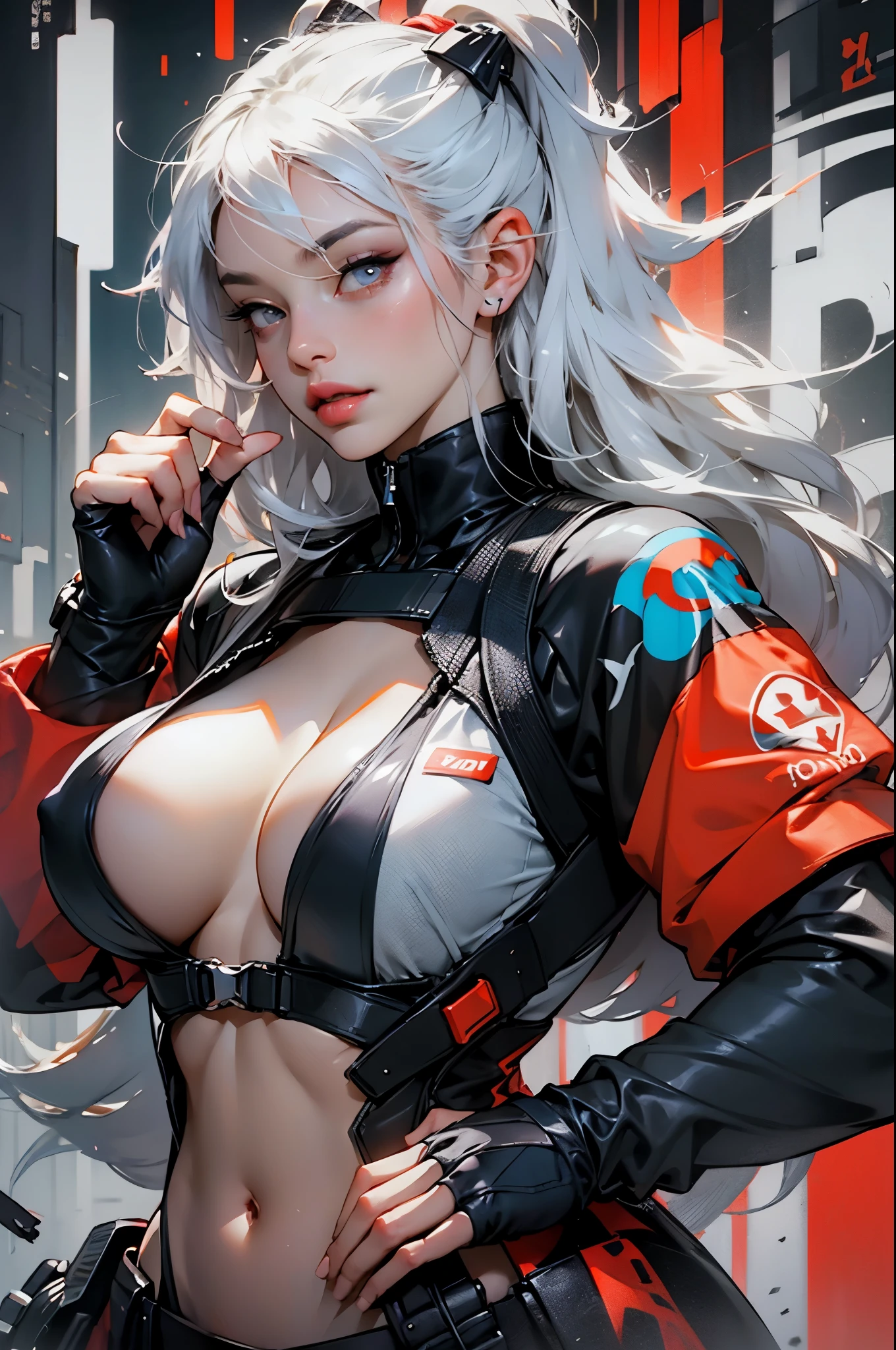 Red, pink, white, black, (platinum white hair woman, accentuated super huge enormously gigantic tits with cleavage showing, sexy seductive slutty pose),tattoo sleeves, (harajuku inspired hip hop cyberpunk techwear clothes:1.1),abstract swirling graffiti patterns lines and circles background