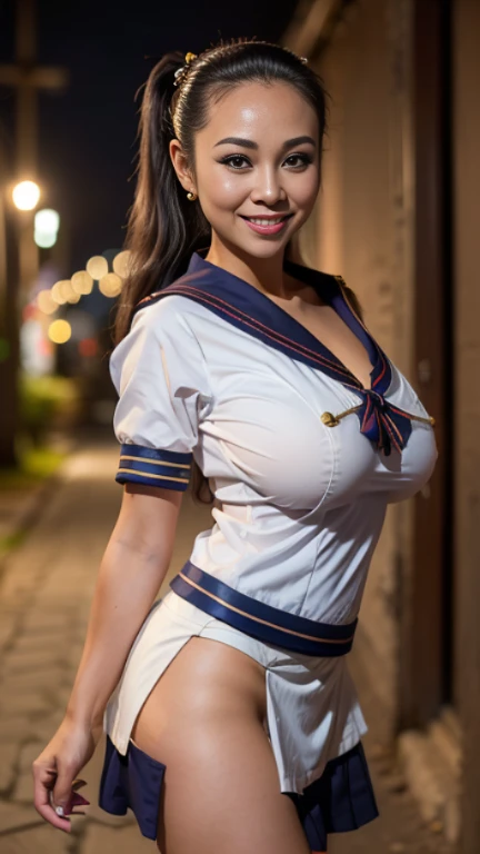 (((alley at night))),(thai woman),(sailor suit,Ridiculously short skirt:1.4),(huge breasts:1.5), (highponytail),(forehead),((thin waist)),(smile:1.3),cowboy shot:1.5,