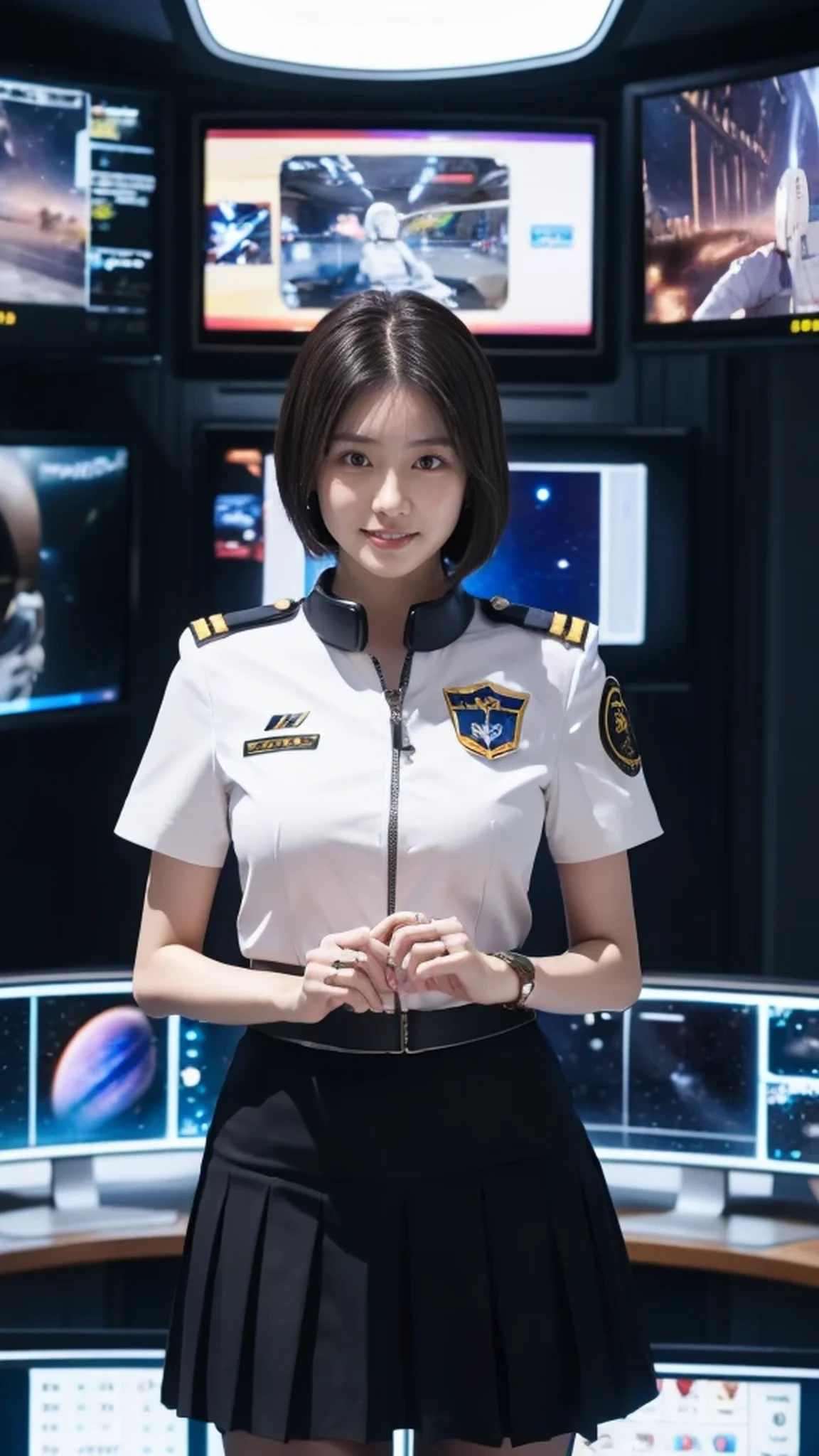 (highest resolution, clear_image), highest quality, masterpiece, very detailed, semi-realistic, short black hair woman, mature woman, triple bang, black, black pleated skirt, uniform, SpaceshipSpace, Announcer&#39;s clothes、TV program、news program、Fake Reporting、