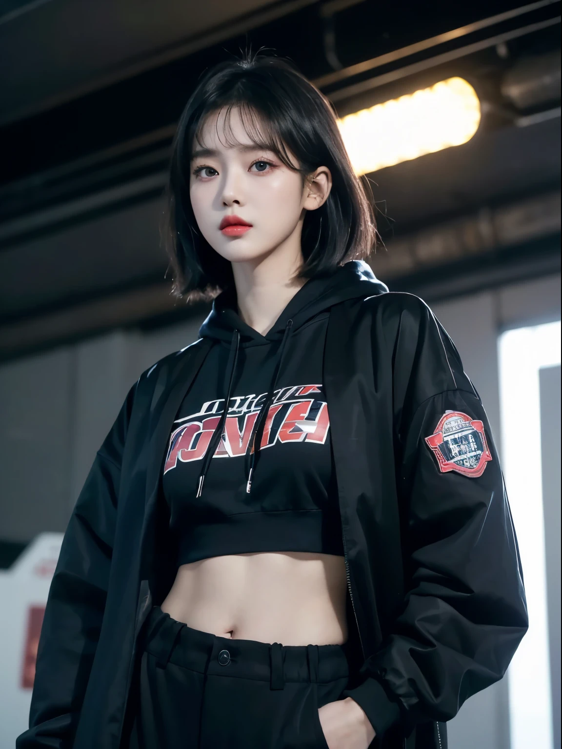 (Very fine eye), (((Fabric Shading))), (((highest quality))), (((masterpiece))) Saucy girl, (((Realistic))), Black Hair, Black Hair, Black Hair, Black Hair, chic hairstyle, ((Straight medium bob with bangs, nice hair)), Light makeup,Red eyes, I'm not wearing lipstick,(((Retro-futuristic outfits))), ((Retro pose)), (((Game CG)) (nice, Saucy, It Girl), Fine Jewelry,, Strong night atmosphere, Has a strong retro feel, Cowboy Shot, Mid Shot, Centered Images, Focus on the camera, Elegant colors,Realistic Skin,Realistic texture,8k,whole body,17 years old,Korean women,彼女のBlack Hair, Medium Bob Cut,ruins,Red iris,Expressionless,(((He is wearing a big black down jacket. ))),Glaring,Perfect Face,(((Big eyes))),She is wearing wide black hip-hop style pants.,Mouth closed,Watching the audience,夜のruinsの前に女性が立っています, Roseanne Park from Blackpink, Trending on cgstation, Trending on cgstation, Black Pink's Joshi, portrait of aespaのウィンター,She is wearing black streetwear, Woman in black streetwear, Photo of a woman in black tech clothing, Girl wearing black hoodie, Cyberpunk Streetwear, Portrait of Jossi in Blackpink, Cyberpunk Streetwear street fashion e-girl