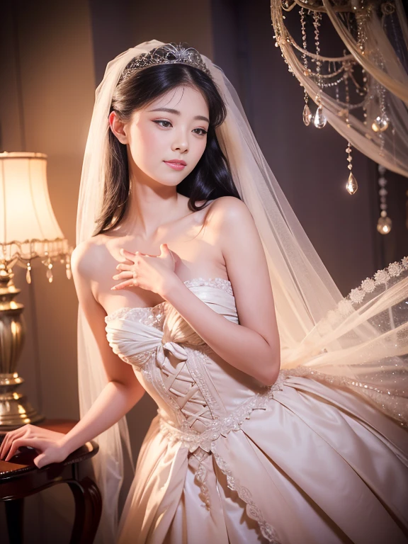 Wedding dress,bride,Waiting for love,Beautiful and delicate eyes,Beautiful and delicate lips,Extremely detailed eyes and face,long eyelashes,fairytale atmosphere,soft light,romantic mood,Stunning background,flowers,dream colors,Emotional expression,romantic pose,blurred background,sparkling veil,Delicate lace,Sparkling tiara,Elegant hairstyle,vintage decor,Vintage furniture,ethereal atmosphere,breeze,whispering tree,cute smile,anticipatory,Heartfelt emotions,gentle and loving,graceful movements,Soft and gentle touch,Warm and tender moments,romantic atmosphere,lifelike masterpiece,Highest quality 4k resolution,studio lighting,bright colors