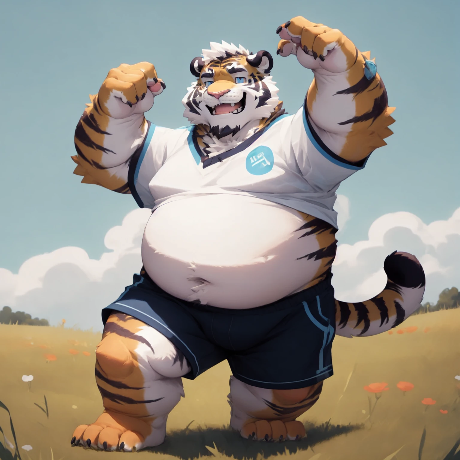 New Jersey 5 Furry,Tiger,portrait,Exquisite, Chubby,Fat,Thick arms,Rugged muscles,plush fur,Chubby脸,Black eyebrows,sky blue eyes,Beard,White shirt,shorts,grassland,Rotation,Dance,Smile