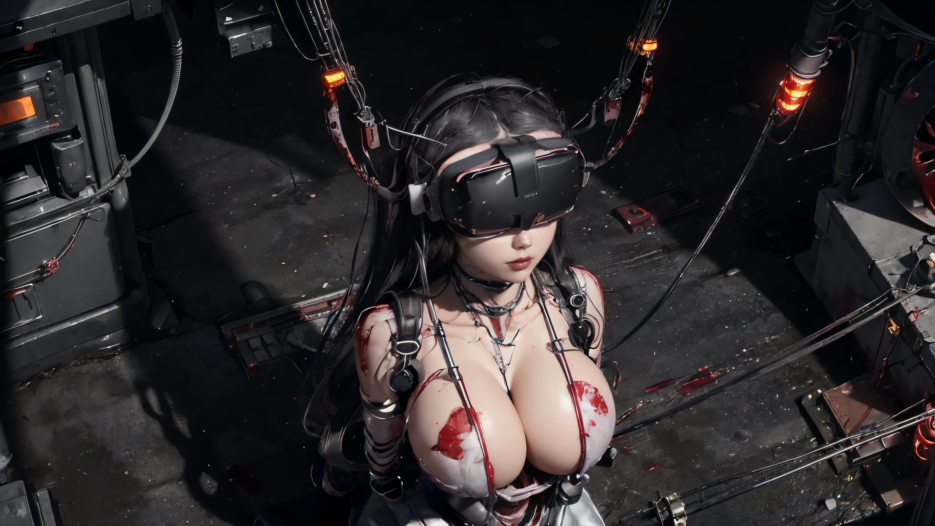 (((Masterpiece))), ((Best Quality)), (Super Detail), (CG Illustration), (Very Evil and Beautiful)), Cinematic Light, ((1 Mechanical Girl)), Single, (Mechanical Art: 1.4), ((Mechanical limb)), (Blood vessel attached to a tube), ((Mechanical spine attached to the back)), ((Mechanical cervical vertebrae attached to the neck), expressionless, ( Wires and cables attached to the head and body: 1.5), Science Fiction, Apocalypse, Ruins, (Lower Body Integrated with Mechanical Devices), (Blood: 1.5), Cruelty, Absurdity, Eroticism, Fusion with Machines, Doomsday Time, Super Future, Inorganic, Laboratory, Restraint, (Beautiful Indulgence: 1.2), (1 Girl: 1.3), Body Wrapped Around Mechanical Tentacles, ((big boobies)), long black hair, big tits on focus, ((balck latex brassiere)), (((((wearing a VR Headsets))))), (((more blood))), (((photographed from above)))