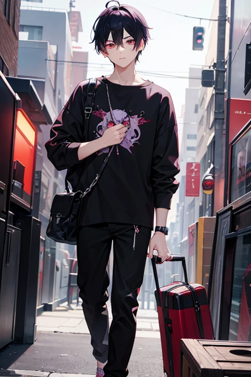 1boy, black lilac hair, red eyes, casual clothes