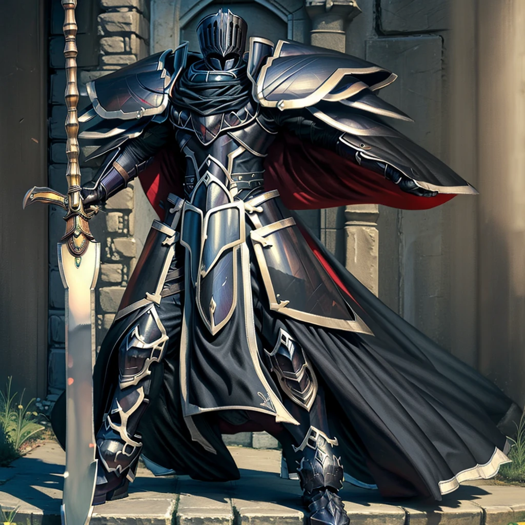 (masterpiece, best quality, detailed:1.2)
BlackKnight_fe,
Armor,
Cape,
Helmet,
Sword,rd,
shield, 
cloak is black.