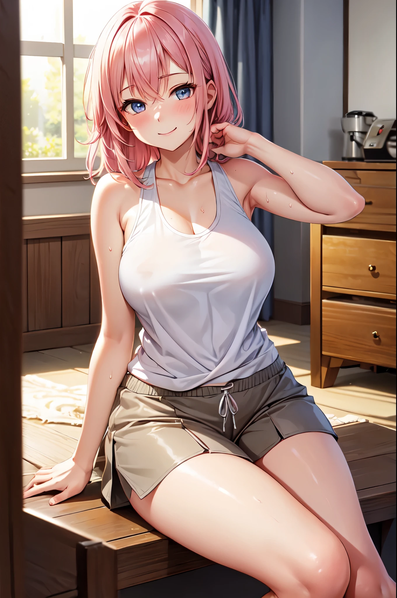 (High quality, High resolution, Fine details), living room, Morning sun shining through, BREAK White tank top shirt, BREAK (Gray shorts), solo, curvy women, Shaggy pink hair, sparkling eyes, (Detailed eyes:1.2), smile, blush, Sweat, Oily skin, Soft tones, shallow depth of field