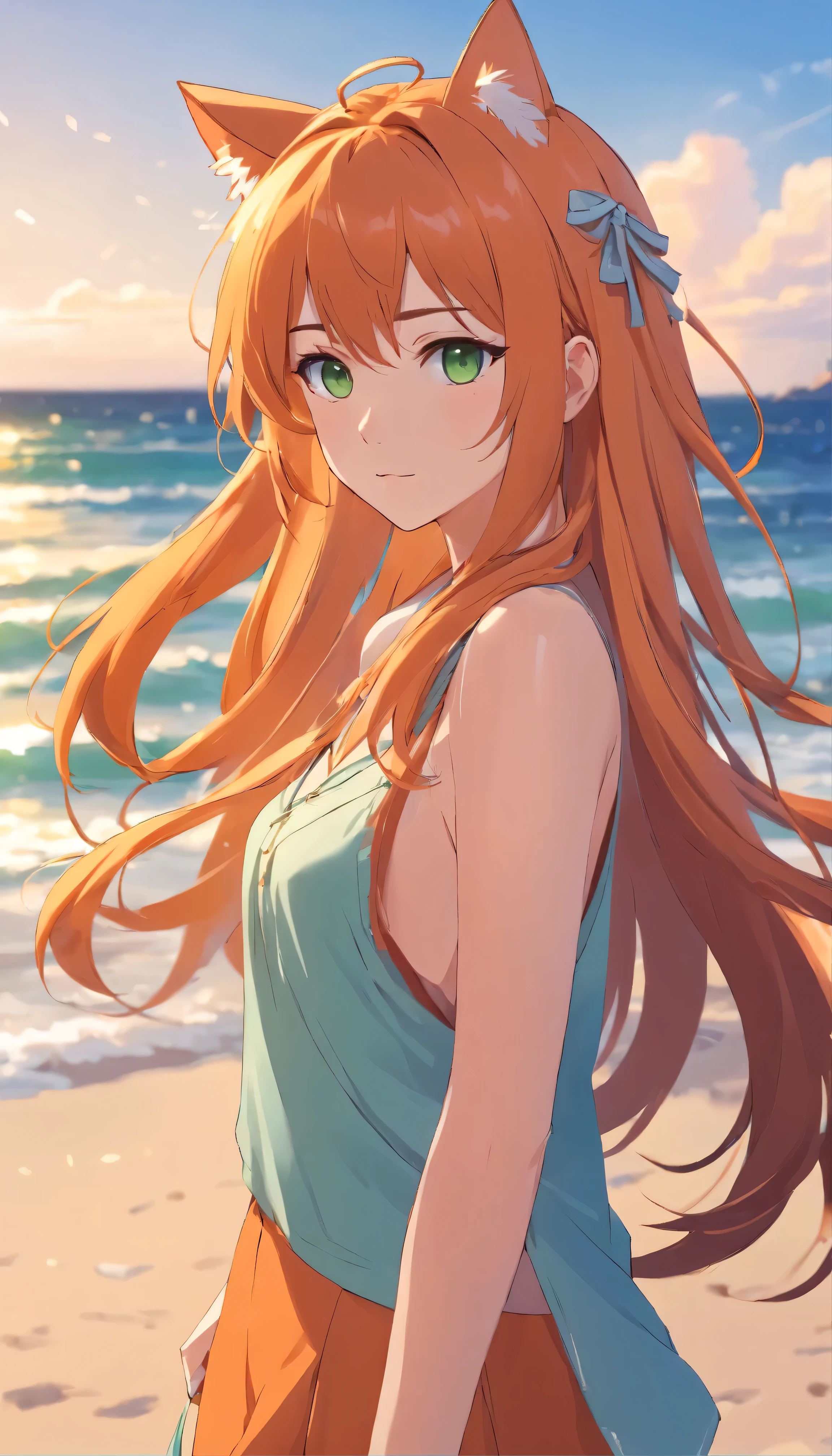 Anime girl with long orange hair, standing on the beach near the ocean, green eyes detailed digital anime art, cat ear, anime girl with long hair, гладкое аниме cg art, anime girl with long hair, digital anime art, work in Guweiz style, Beautiful anime portrait, Photorealistic render of an anime girl, Beautiful anime girl, advanced digital anime art, guweiz на artstation pixiv HD UHD HQ