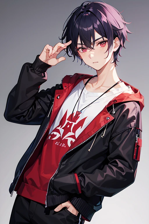 1boy, black lilac hair, red eyes, casual clothes