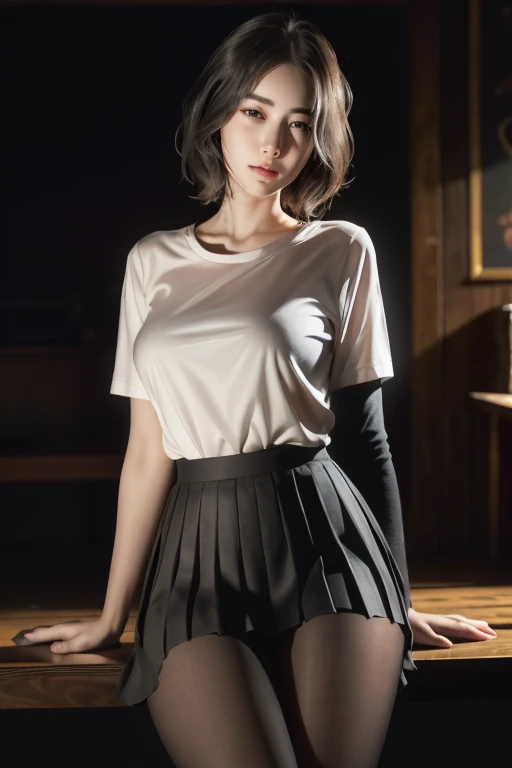 ultra realistic 8k cg, picture-perfect face, flawless, clean, masterpiece, professional artwork, famous artwork, perfect face, beautiful face, beautiful eyes, ((perfect female body)), solo,(immersive atmosphere, chiaroscuro:1.5,bright light:1.2,luminous lighting)
,,(blush:0.5),seductive expression,extremely detailed_eyes,thick thighs,large breasts,
beautifully detailed background,depth of field,realistic:1.3, long shot,1girl,shirt,pleated skirt, , sitting, full body,
(ambient light:1.3),(cinematic composition:1.3),(neon lights:0.1),(HDR:0.1),Accent Lighting, white pantyhose,