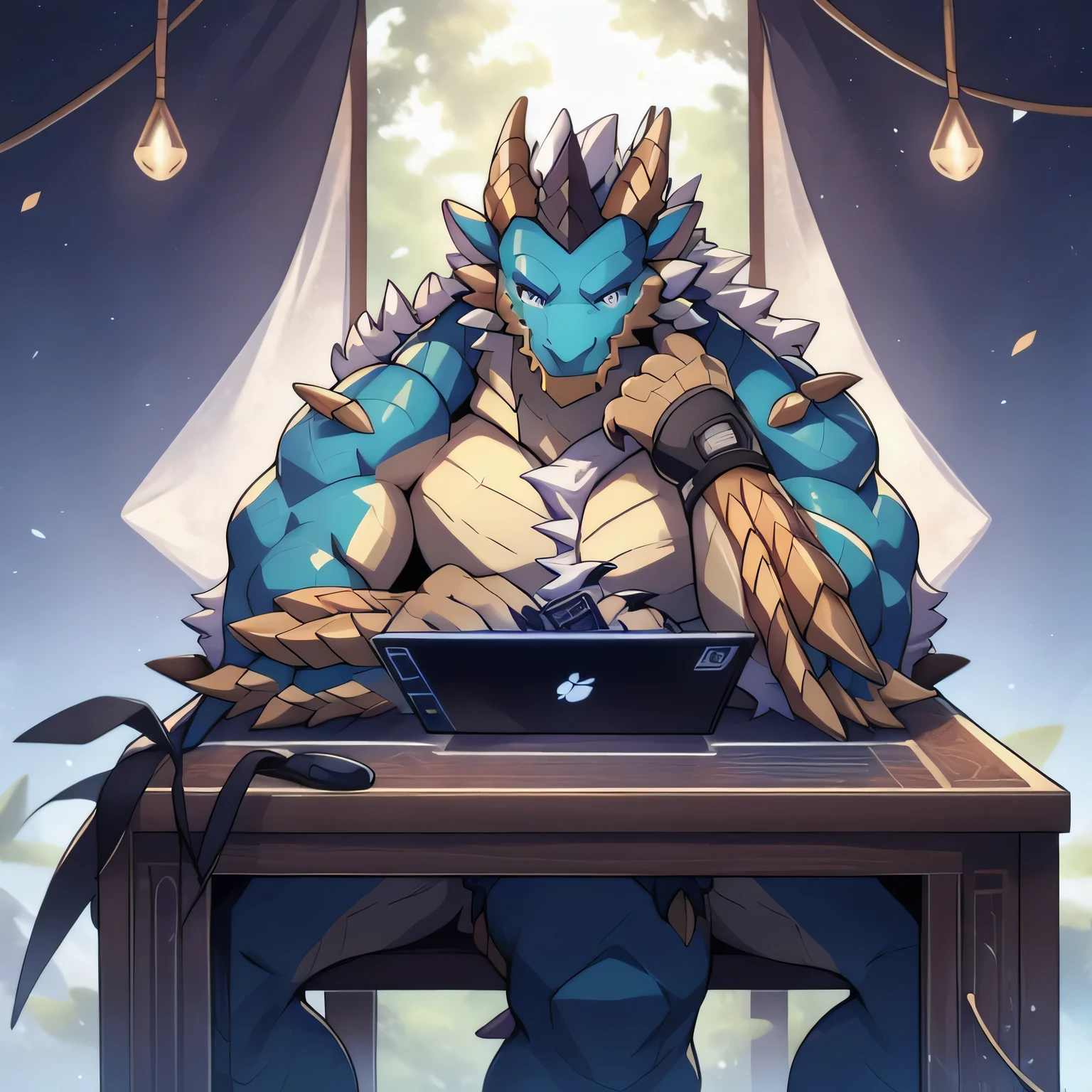 dragon,Anthropomorphic male dragon, Highlight the dragon angle,Highlight his muscular body and sharp claws, Show off your chest contour, abdomen, Stretch and Elegance, Delicate lace pattern glitters in the light. Keep your eyes on the screen,Playing games with headphones,Sitting at the table,The background is the scene of the e-sports competition。dragon'Tail, Long-lasting and powerful, 他Sitting at the table,Playing games with headphones,Keep your eyes on the screen,Showing its charming masculinity. dragon'Keep your eyes on the screen,Playing games with headphones,Sitting at the table,The background is the scene of the e-sports competition。