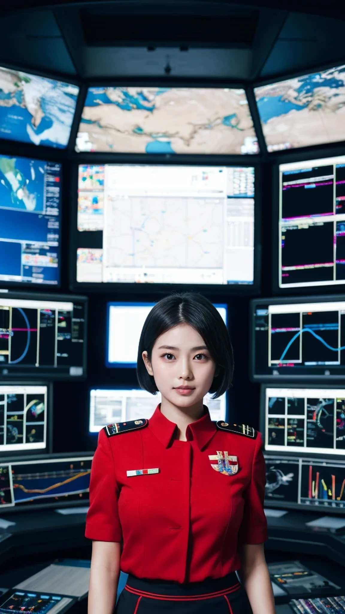 (highest resolution, clear_image), highest quality, masterpiece, very detailed, semi-realistic, short black hair woman, mature woman, triple bang, black, black pleated skirt, uniform, spaceship space, control room, commander