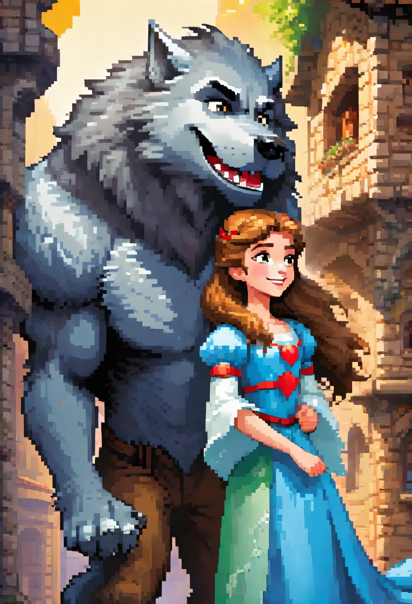 cover page, highres, top quality, best quality, paid reward available, unparalleled masterpiece, perfect artwork, absurdres, High-quality illustrations, super high resolution, detailed background, perfect anatomy, love story of human girl and giant Werewolf, love romance, The princess and the prince, family photograph, pair, Height difference, Physical difference, perfect anatomy, smile, joyful, play with, smile, happy, ((dramatic))epic, One scene of movie,