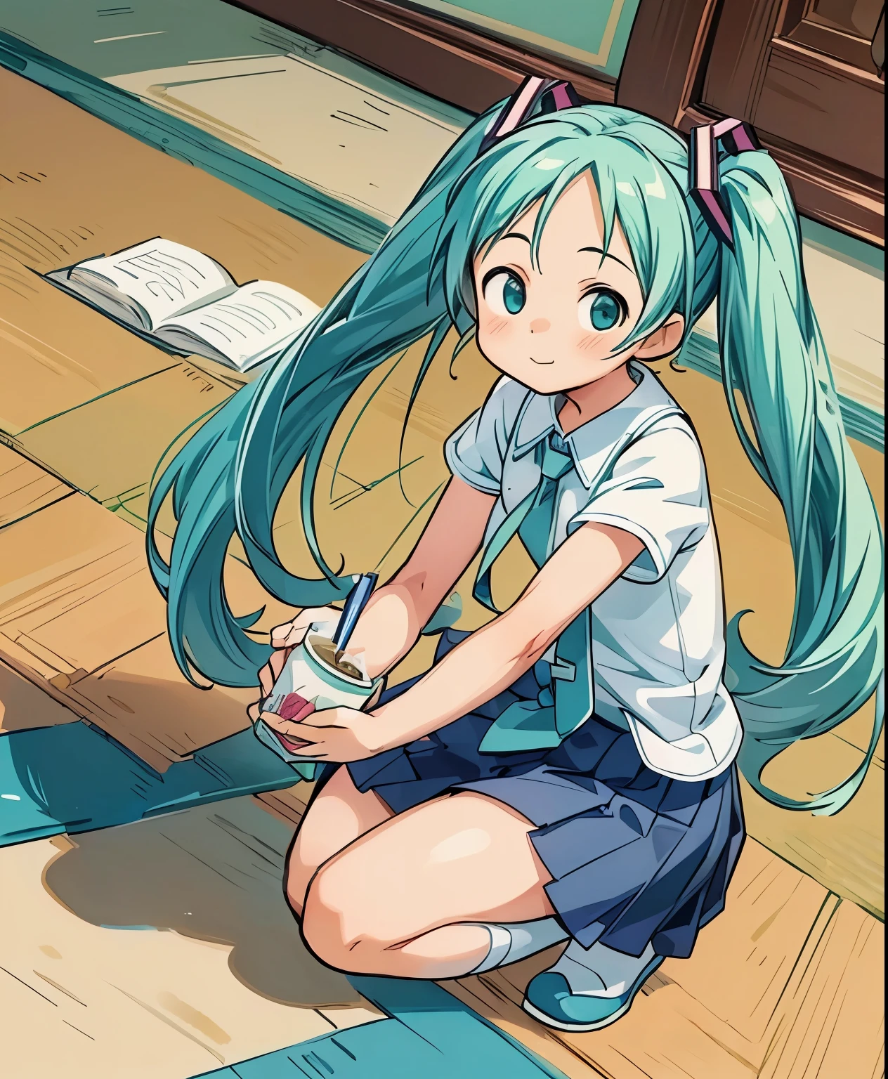 (masterpiece、highest quality、highest quality、Official Art、Beautiful and beautiful:1.2)、(One girl:1.3)Hatsune Miku、Twin tails,Big Breasts,(Dynamic Angle:1.4), Hatsune Miku,1 girl,Holding a cup,Anime girl squatting on the floor,Produced by anime artist studio, Anime girl drinking a drink, 2D CG, Advanced Digital Animation Art, Anime characters