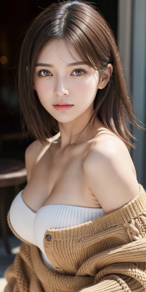 Photoreal、Masseter muscle part、highest quality、High resolution、RAW photo、realistic、bright lighting、face light、smooth professional lighting、solo、japanese woman、Half beauty、adult woman、Beautiful woman、modeled、super beautiful、realistic skin、realistic face、beautiful eyes、brown eyes、Inconspicuous tear bags、slim、medium big breasts、short hair、brunette colored hair、looking at camera、looks fun、cool beauty、camel toe、knitwear、off shoulder、underboof、