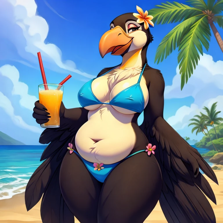 Solo female, toucan, avian, bird, chubby, black feathers, blue bikini bottom, flower lei, holding coconut drink, beach, Hawaiian, tropical, palm trees in background