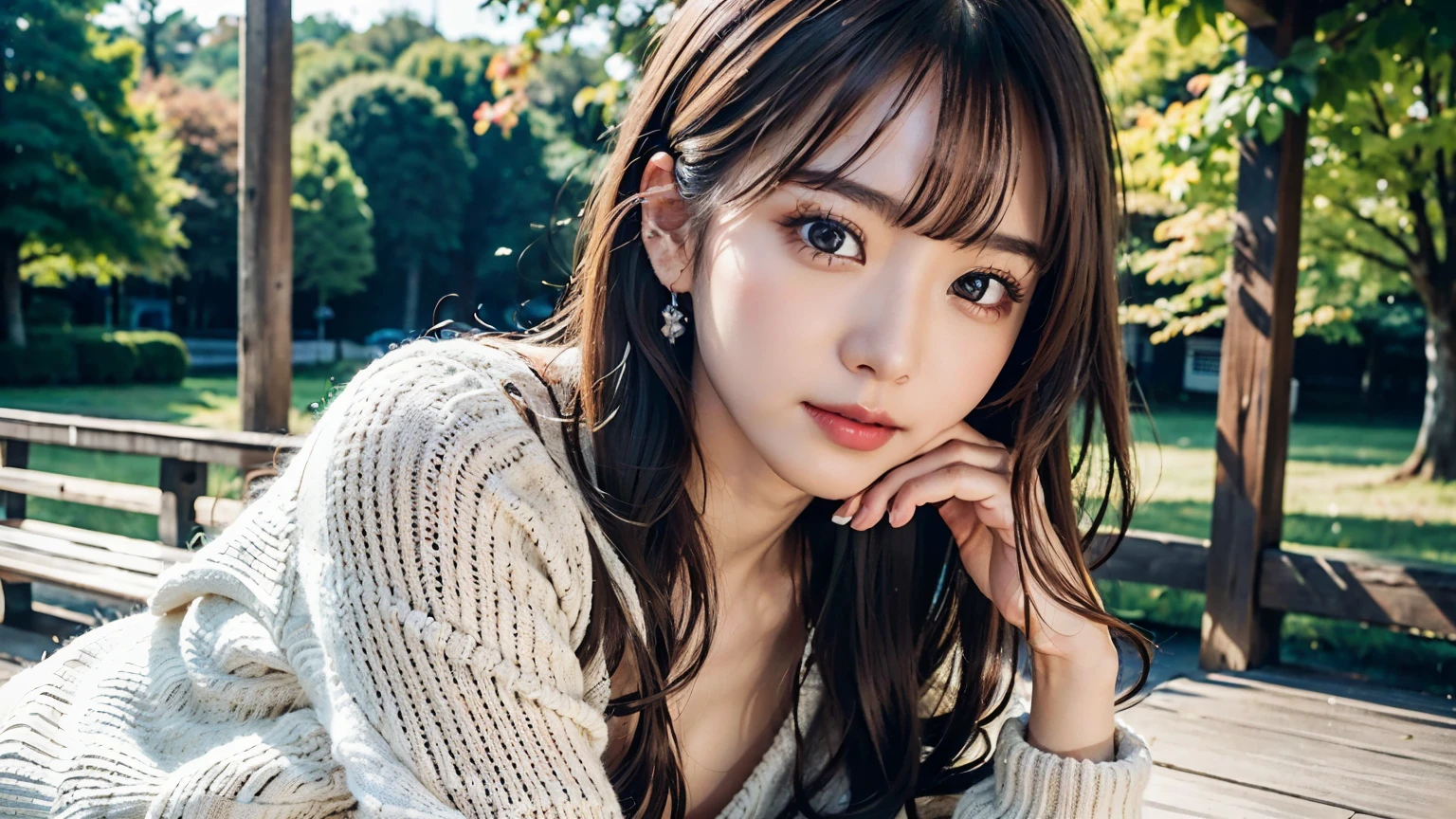 1 girl, Very bright backlight, alone, {Beautiful and detailed},Autumn Day, Calm expression, Natural and soft light, Silver hair fluttering in the wind, Delicate facial features, Blunt bangs, Beautiful Japanese Girl, Eye smile, Very small earrings, 29-year-old, ((Model pose)),(Colorful Hair, half red, Half brown hair:1.2), Fluffy grains, Real Hands, masterpiece, highest quality, Realistic, Very detailed, In detail, High resolution,Brown messy hair, Perfect dynamic composition, Beautiful details, Asian Girl,((Feeling anxious or embarrassed.)),Sharp focus, beauty mix, Film Girl,smile,(Wearing a sexy oversized knit sweater,meanwhile:1.5),Nice ass,Tight jeans,Accurate Arm,Accurate Fingers,