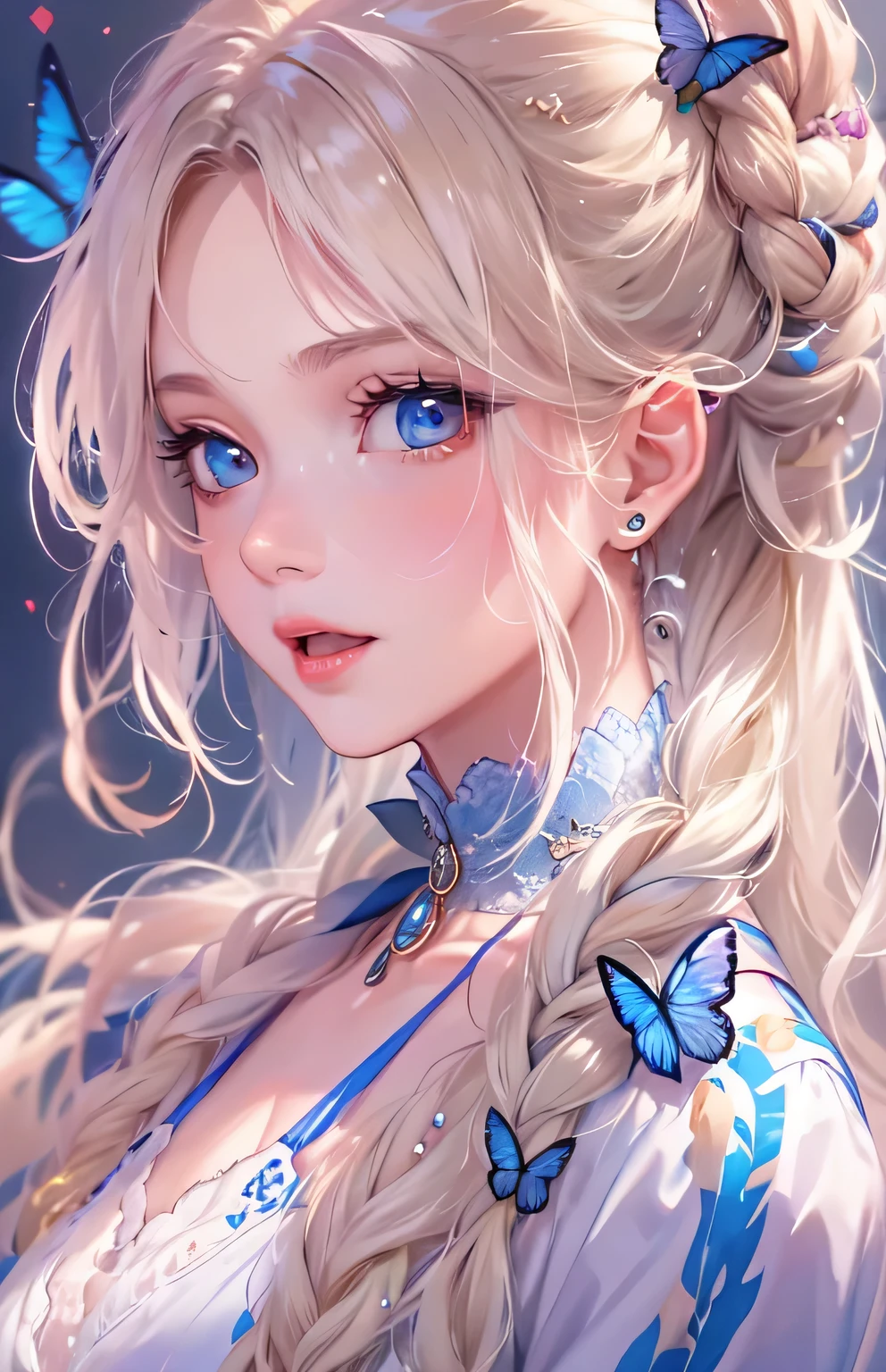 ((highest quality)), ((masterpiece)), (Get used to it), Perfect Face , beautiful girl , Big Breasts , Long and beautiful blonde hair , Braided hair , Blue Butterfly々 ,