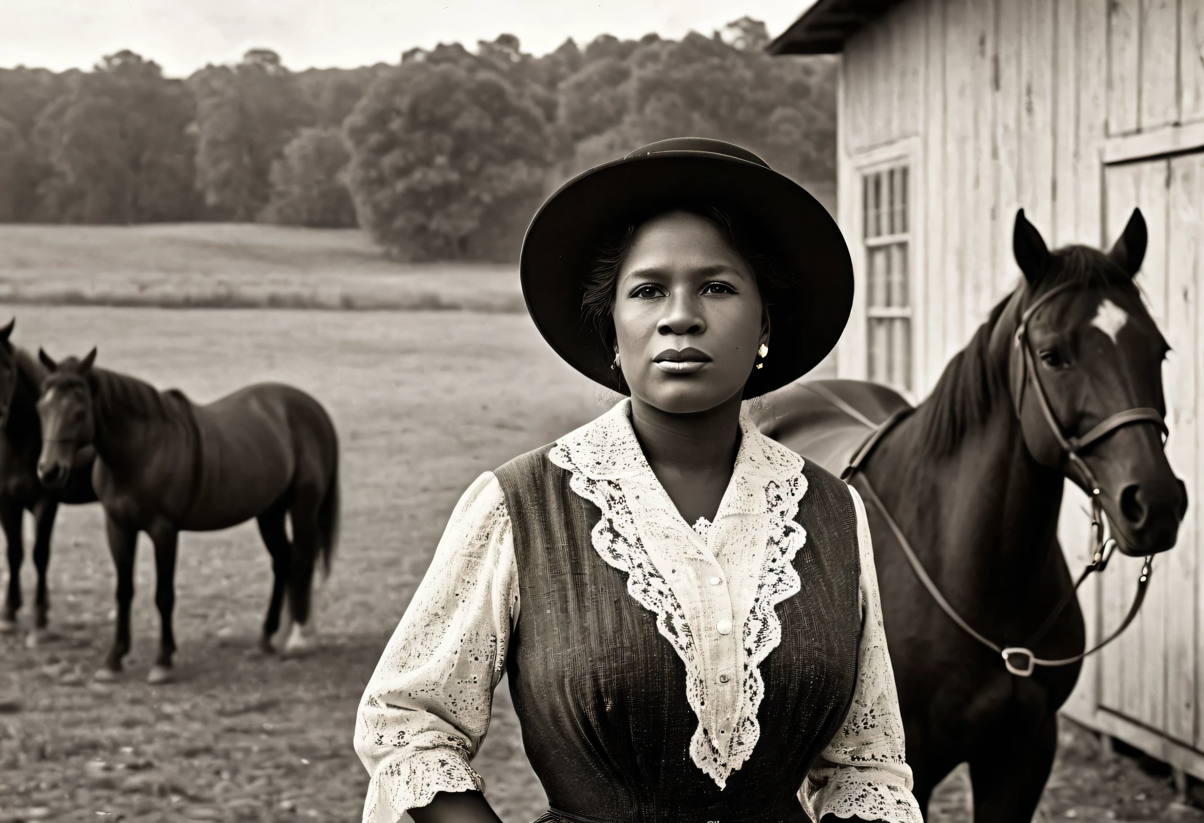 (((1900s era Studio Portrait of Mary fields))),((Ebony mature woman smoking a cigar, )) (( tick and heavy body)) (((Take photo of n Vintage painting background))((American Post station with horses in background)), (( 180 cm tall and 90 kg. weight)) ((65 years old)) ((Mature face)), First American-African mail carrier know as Stagecoach, black Mary, dress up in American 1900 ad. Style outfit for countryside woman, photorealistic, documentary photo, national geographic photo style, professional lighting, studio light, natural light, ((American Post station with horses in the background))Soft shadows Super-Resolution, Megapixel, ProPhoto RGB, VR, Spotlight, Frontlight, Halfrear Lighting, Backlight, Rim Lights, Rim Lighting, Artificial Lighting, Natural Lighting, Incandescent,The images are very realistic.,documentary photography,