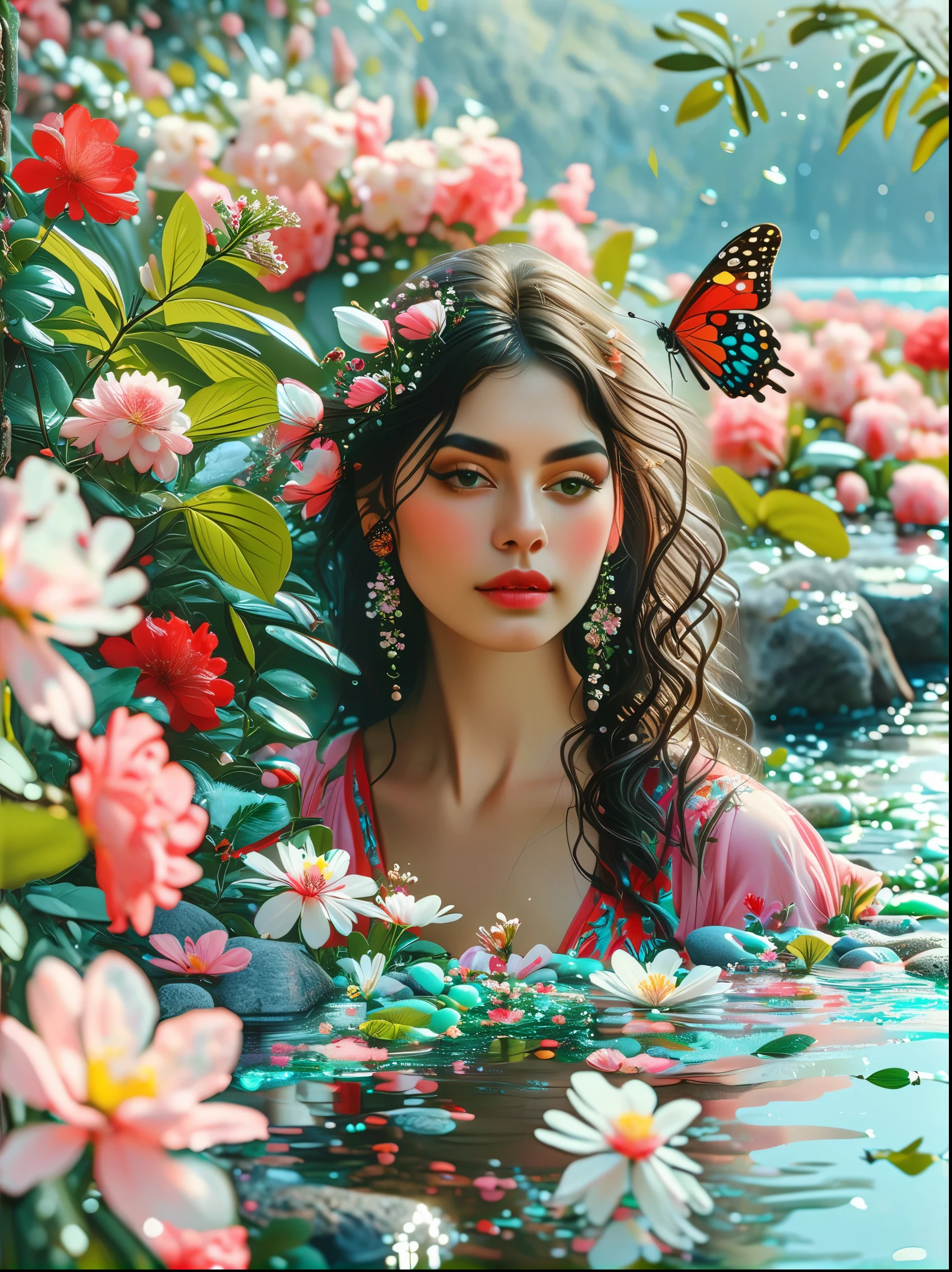 Detailed description of the visual element,The color palette is a mix of soft pastels and vibrant spring colors like green.,pink color,This combination evokes blooming flowers and fresh foliage.,Perfect for spring theme,High-quality images integrated into salon interiors,Peaceful environment,Girl standing on the water,Water splashes on the floor of the girl,Some stones have flowers on them,exudes fragrance,Includes before and after photos of customers who received spring makeovers,To highlight the salon's services,Use elegant script fonts for titles to convey elegance,And use a modern sans serif font for body text,To ensure readability and modernity, Dark Brown Curly Hair,Wearing a bright red salwar suit,focus,Close Range,Watch,Close your eyes,Surround her with spring graphics,For example, flowers and butterflies,Symbolizes the changing seasons and the essence