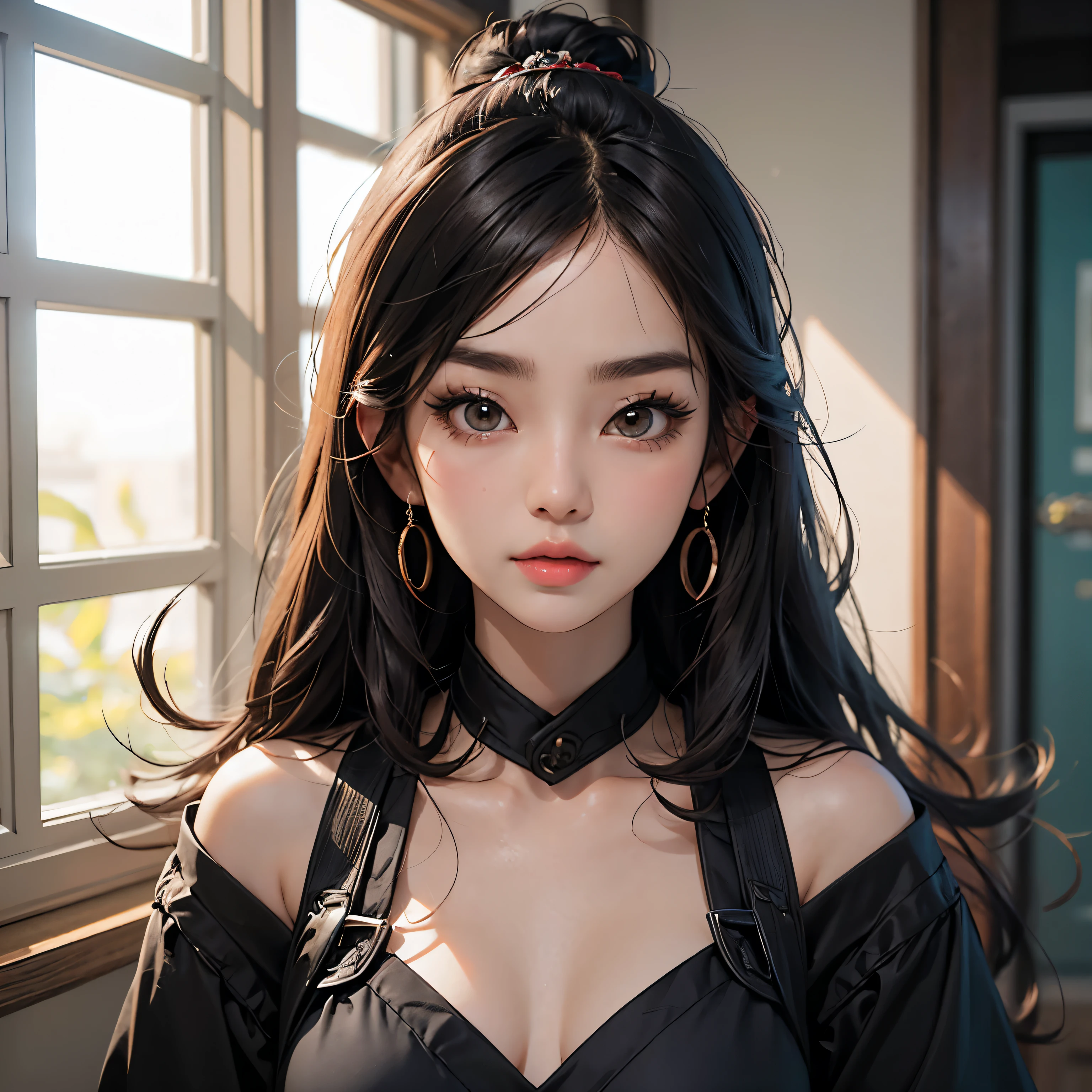 art gallery、A painting is a painting of a room、Beautiful adult woman with long black hair、I have bangs、Wearing a pink dress、３０age、Facing the front