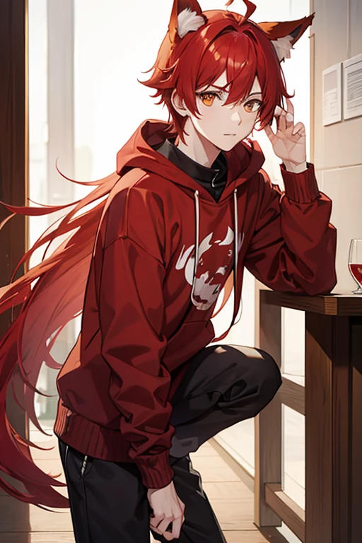 1boy, red hair, fox ears, golden eyes, casual clothes