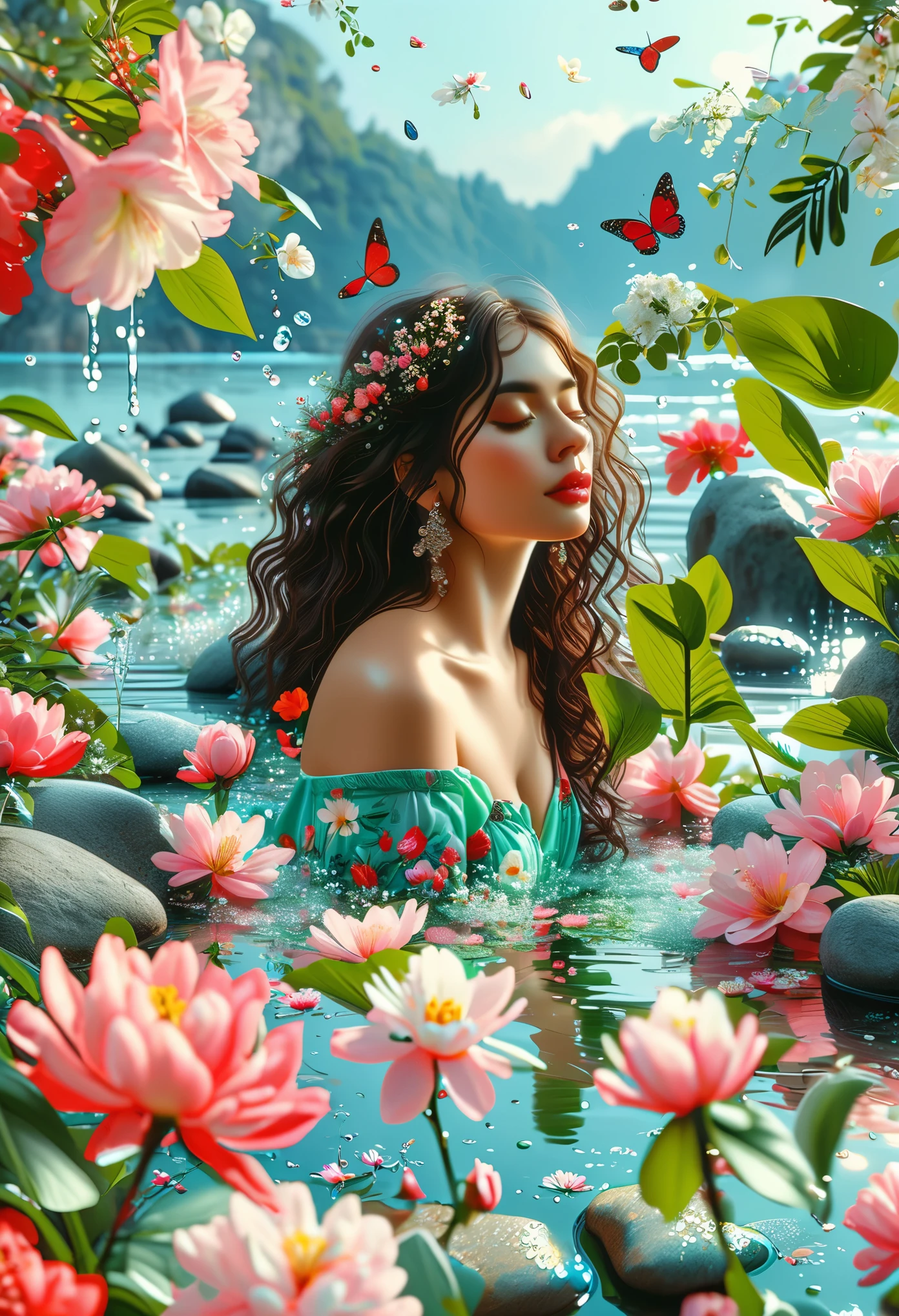 Detailed description of the visual element,The color palette is a mix of soft pastels and vibrant spring colors like green.,pink color,This combination evokes blooming flowers and fresh foliage.,Perfect for spring theme,High-quality images integrated into salon interiors,Peaceful environment,Girl standing on the water,Water splashes on the floor of the girl,Some stones have flowers on them,exudes fragrance,Includes before and after photos of customers who received spring makeovers,To highlight the salon's services,Use elegant script fonts for titles to convey elegance,And use a modern sans serif font for body text,To ensure readability and modernity, Dark Brown Curly Hair,Wearing a bright red salwar suit,focus,Close Range,Watch,Close your eyes,Surround her with spring graphics,For example, flowers and butterflies,Symbolizes the changing seasons and the essence