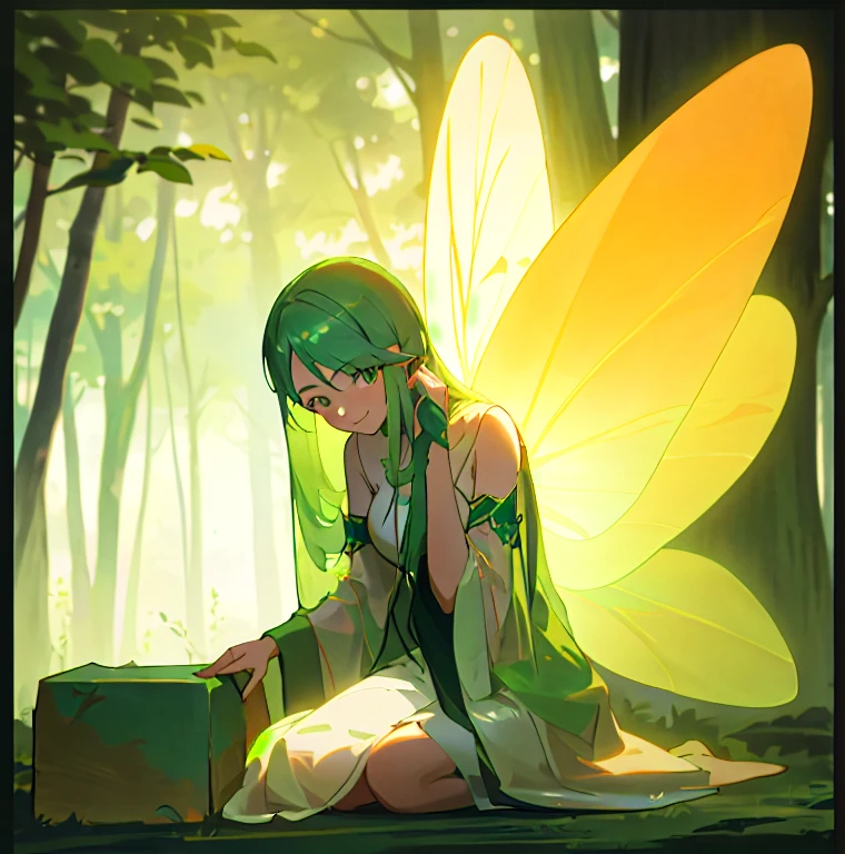 anime - style image of a woman dressed in green sitting on a bench, artgerm and atey ghailan, forest fairy, forest fae, smiling as a queen of fairies, fey queen of the summer forest, artwork in the style of guweiz, faerie, portrait of a fairy, fairy cgsociety, official art, fairy, queen of the fairies