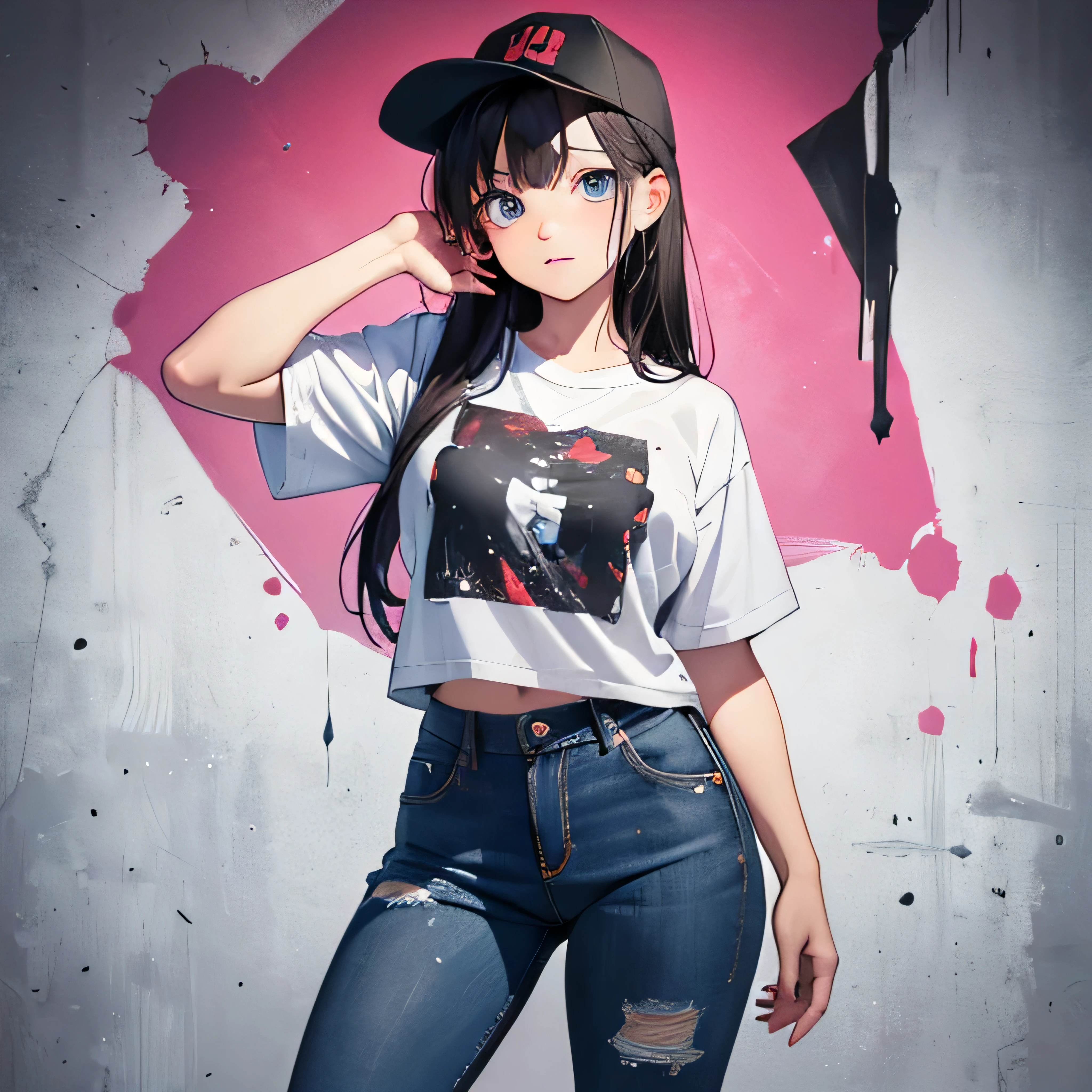 Anime girl with paint splatters on her shirt and jeans, a digital painting inspired by Ross Droz, art station, graffiti, artgerm and Ross Droz, Ross Droz cartoon vibrant, Fan art of urban girls, :: Ross Droz, art germ style, Style Art Germ, anime style 4k, Ross Droz sakimimichan, art germ style