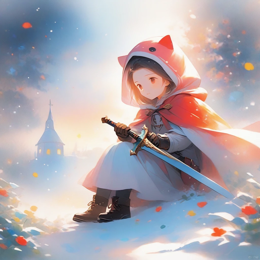 solo, 1boy, holding, sitting, weapon, male focus, sword, hood, cape, holding weapon, armor, glowing, holding sword, gauntlets, cloak, snow, 1other, hood up, snowing, one knee, planted, full armor, planted sword, ambiguous gender