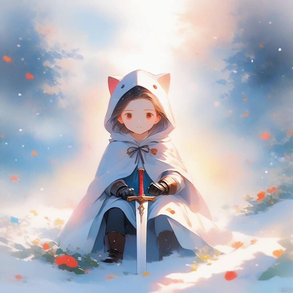 solo, 1boy, holding, sitting, weapon, male focus, sword, hood, cape, holding weapon, armor, glowing, holding sword, gauntlets, cloak, snow, 1other, hood up, snowing, one knee, planted, full armor, planted sword, ambiguous gender