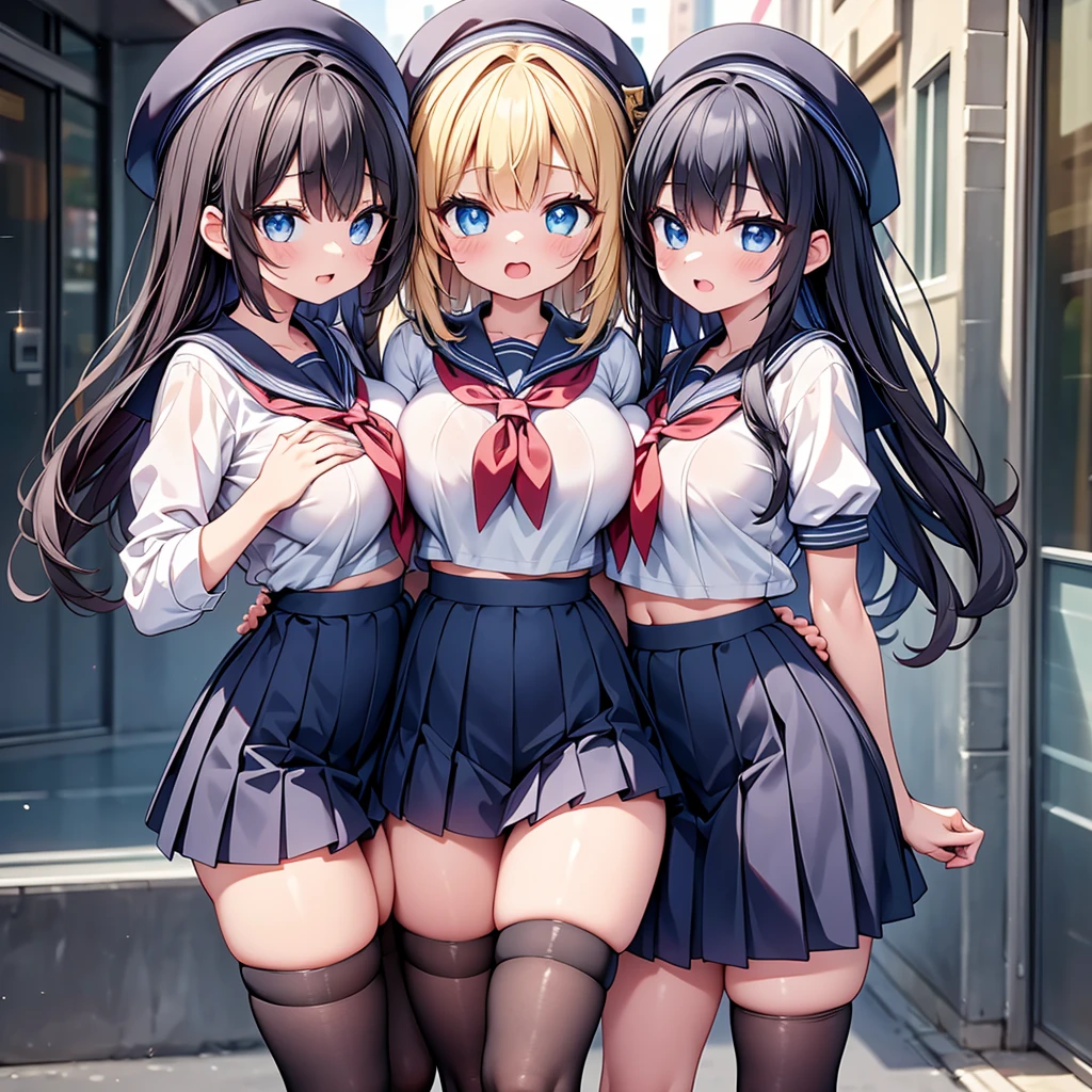 (cute eyes:1.2), (sparkling eyes:1.2), highest quality,wonderful,finely,extremely detailed CG Unity 8K wallpaper, (Stand in line:1.2), (3 girls, sailor uniform, clothed), (huge breasts), (open mouth:1.1), (long tongue:1.1), (mouth drool:1.1), (black stockings:1.1),(Thighs:1.1),(Waistline:1.1),(midriff peek:1.1)