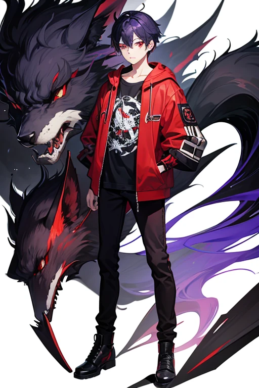 1boy, black lilac hair, red eyes, demon fox, casual clothes