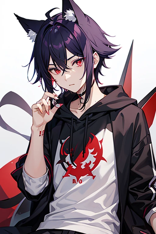 1boy, black lilac hair, red eyes, demon fox, casual clothes