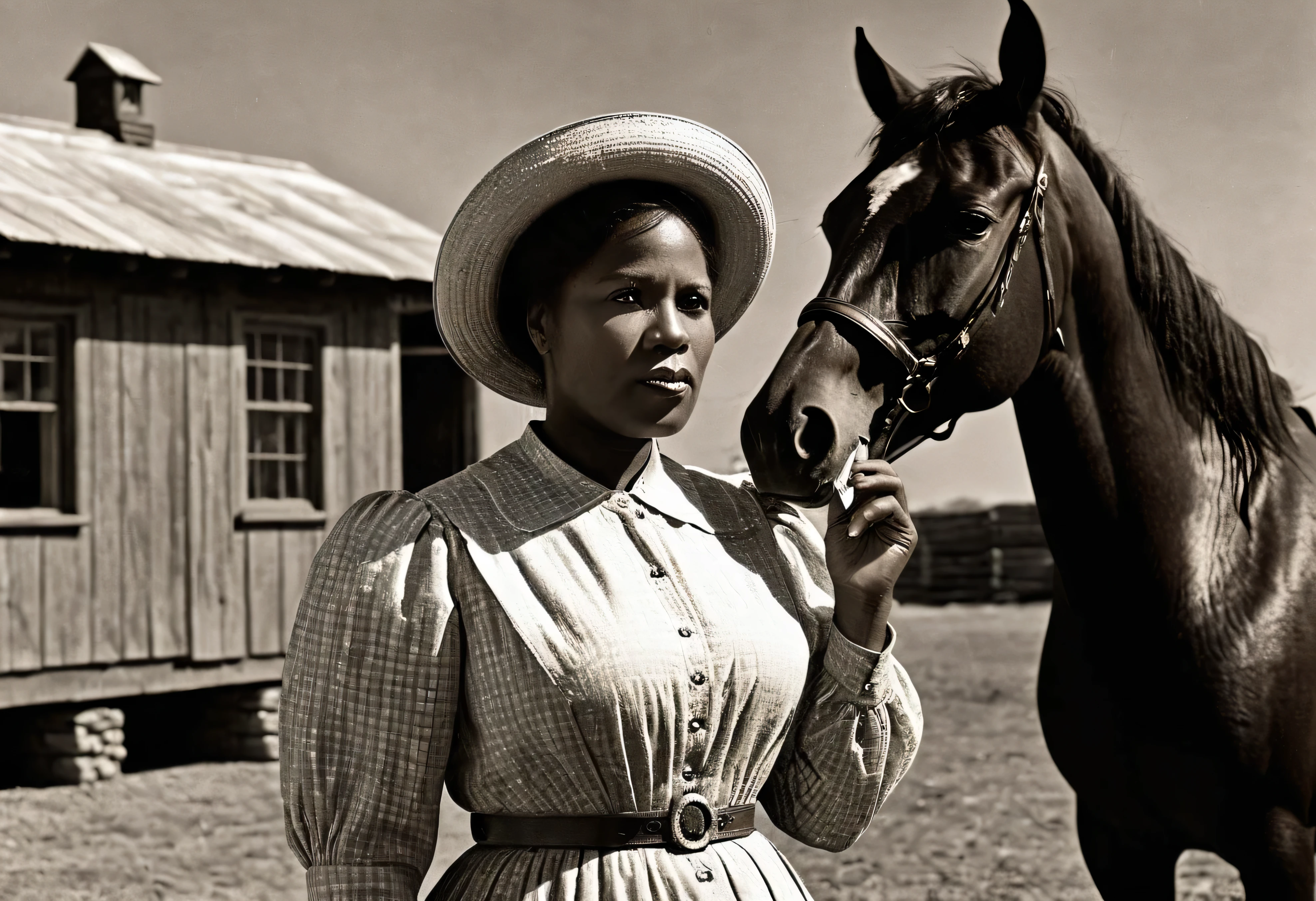 (((1900s era Studio Portrait of Mary fields))),((Ebony mature woman smoking a cigar, )) (( tick and heavy body)) (((Take photo of n Vintage painting background))((American Post station with horses in background)), (( 180 cm tall and 90 kg. weight)) ((65 years old)) ((Mature face)), First American-African mail carrier know as Stagecoach, black Mary, dress up in American 1900 ad. Style outfit for countryside woman, photorealistic, documentary photo, national geographic photo style, professional lighting, studio light, natural light, ((American Post station with horses in the background))Soft shadows Super-Resolution, Megapixel, ProPhoto RGB, VR, Spotlight, Frontlight, Halfrear Lighting, Backlight, Rim Lights, Rim Lighting, Artificial Lighting, Natural Lighting, Incandescent,The images are very realistic.,documentary photography,