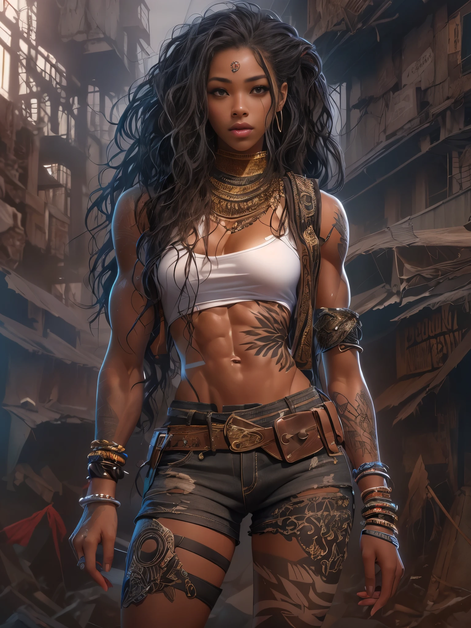 ((21-year-old))) black girl, (((light skin))),(muscular body:1.5), (((close-up full body pose))), (((long wavy black hair))), (((silk thigh highs with skimpy shorts))), (((wearing post-apocalyptic clothing, short sleeve white shirt, unbuttoned half way))), African tribal tattoo sleeve, dark fantasy art, Rich, Deep Colors, (intricate details), (HDR, hyper-detailing:1.2), (natural skin textures, hyper realistic, soft light, Sharp),(half body image:1.5)