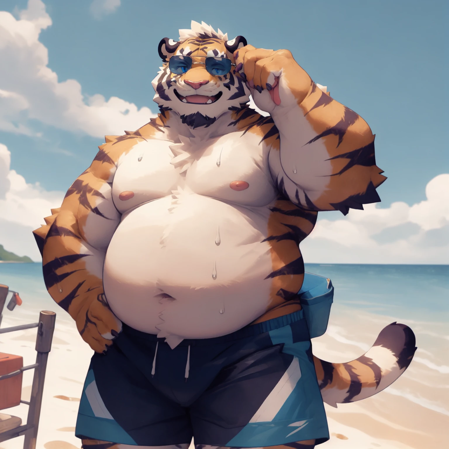 New Jersey 5 Furry,Tiger，portrait，Exquisite， Chubby，Fat，Thick arms，Rugged muscles，Topless，plush fur，Chubby脸，Black eyebrows，sky blue eyes，Beard，Beach，躺在Beach上，sunglasses，shorts，Sweating，Smile